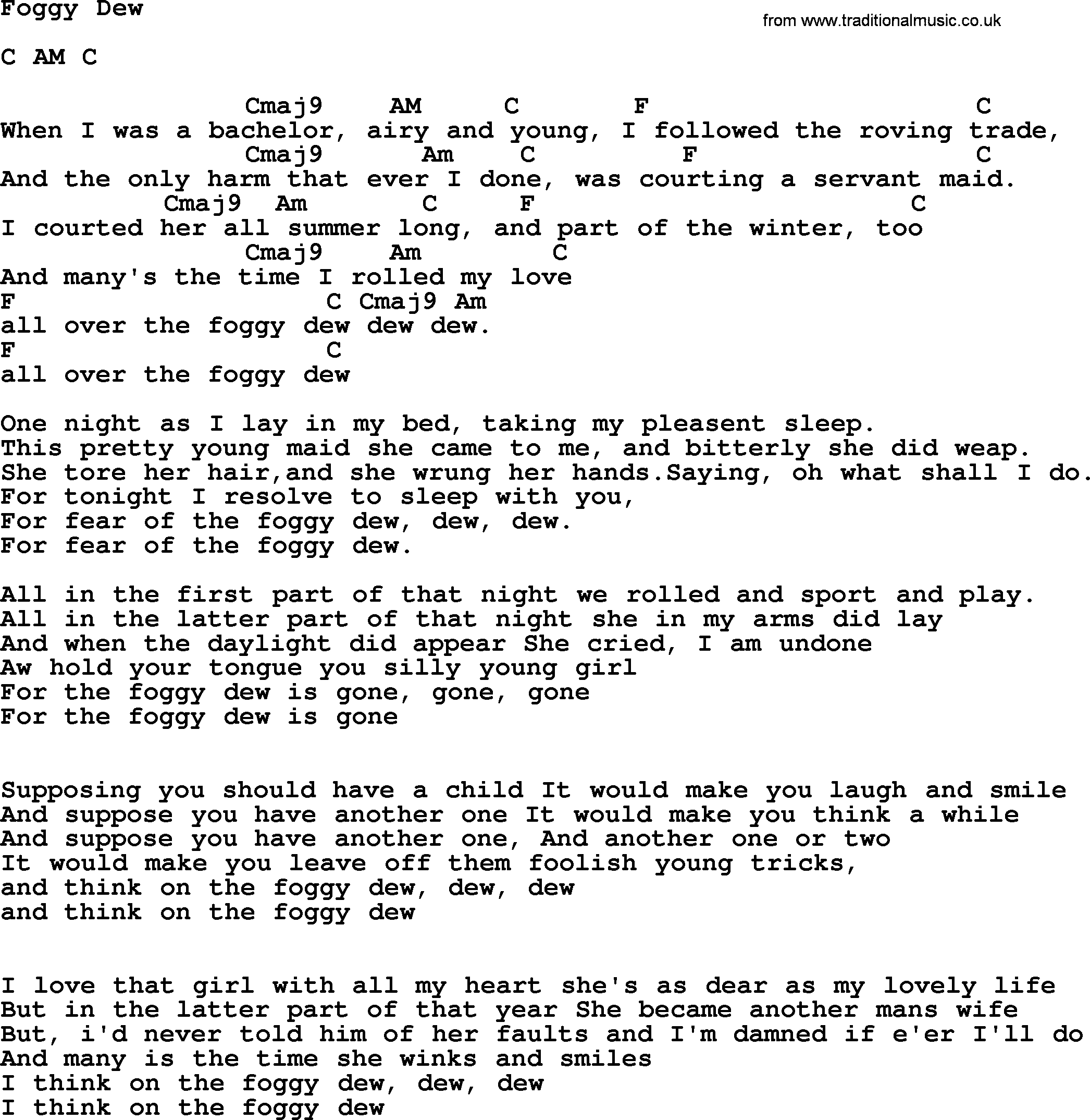 The Dubliners song: Foggy Dew, lyrics and chords