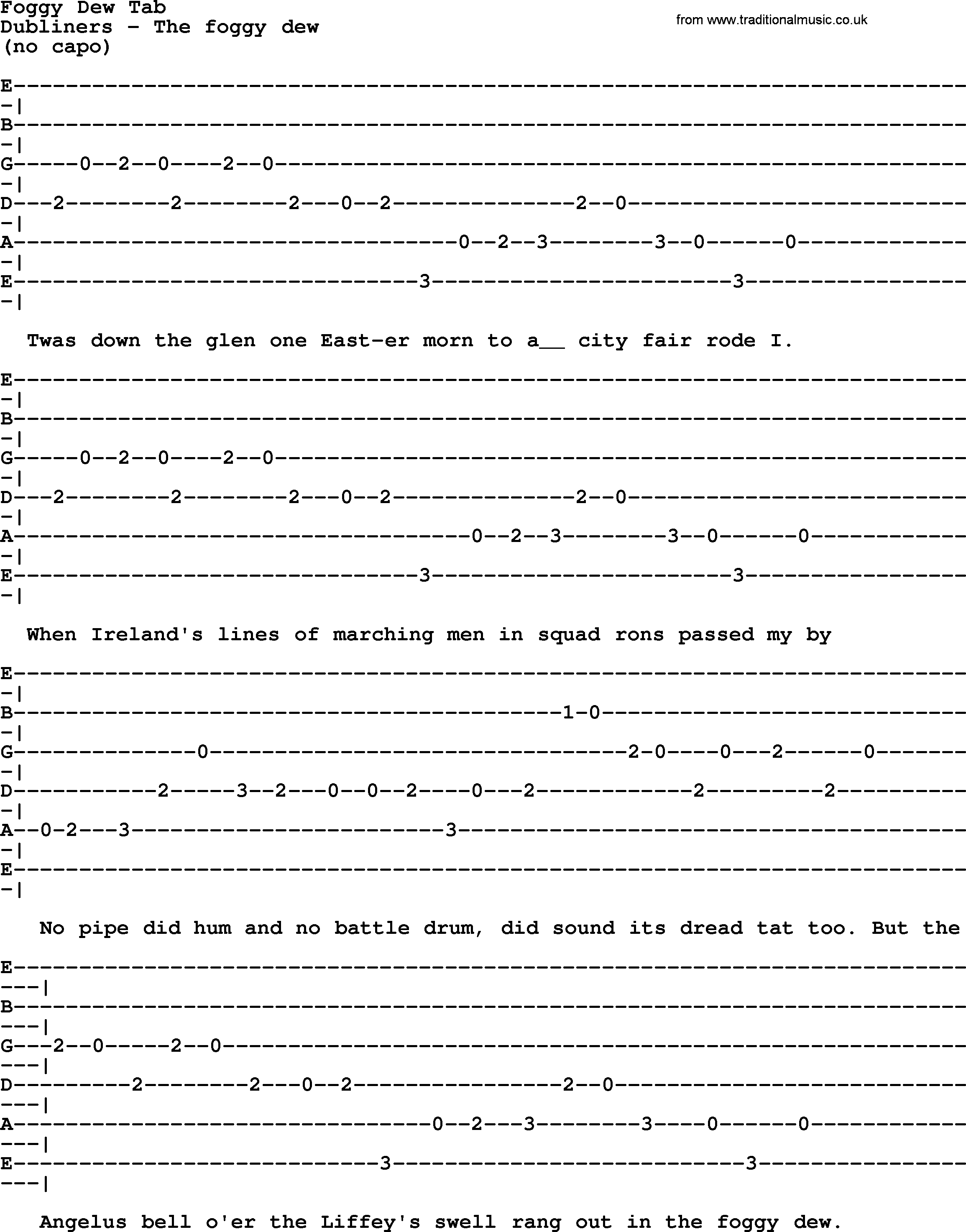 The Dubliners song: Foggy Dew Ver2 Tab, lyrics