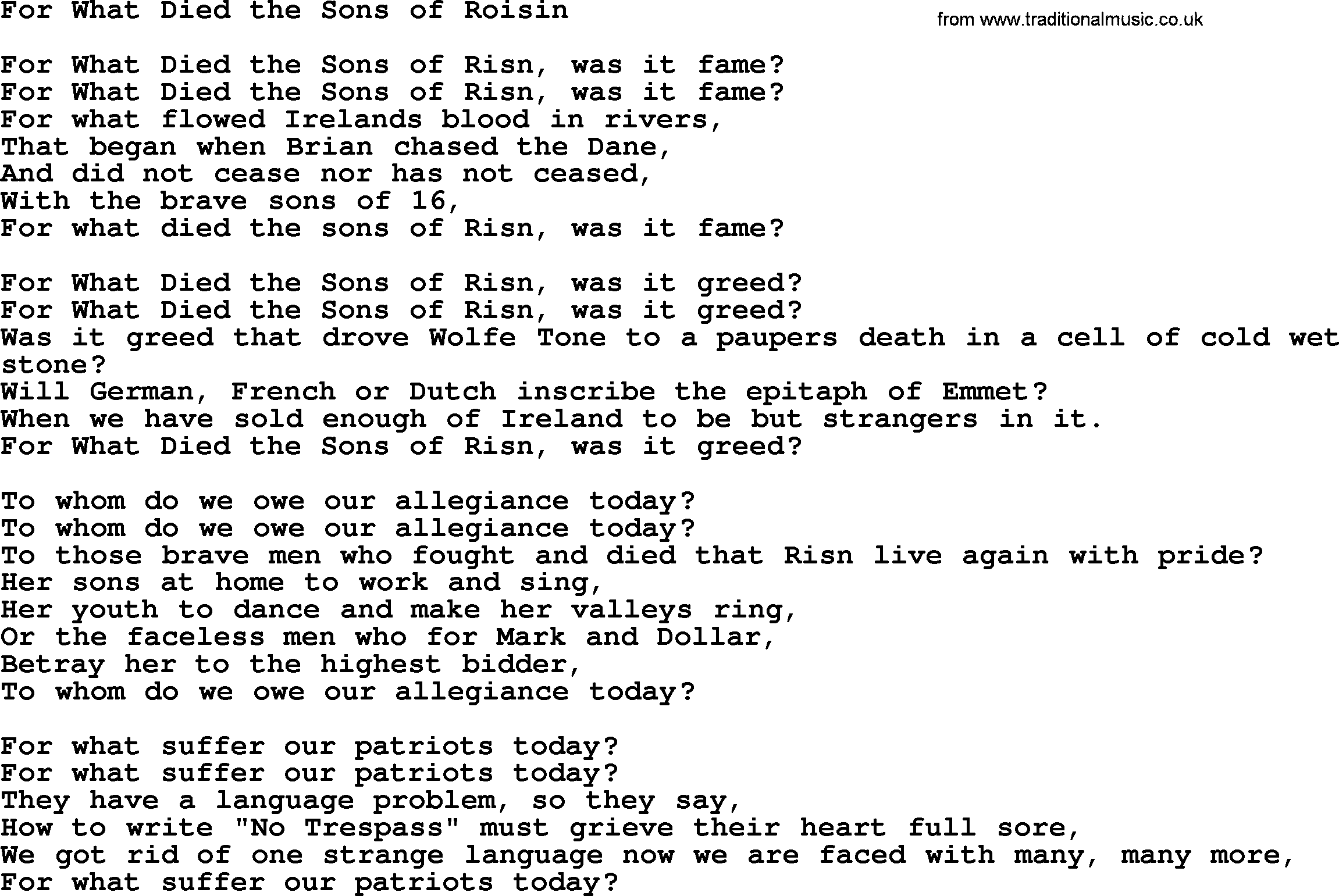 The Dubliners song: For What Died The Sons Of Roisin, lyrics