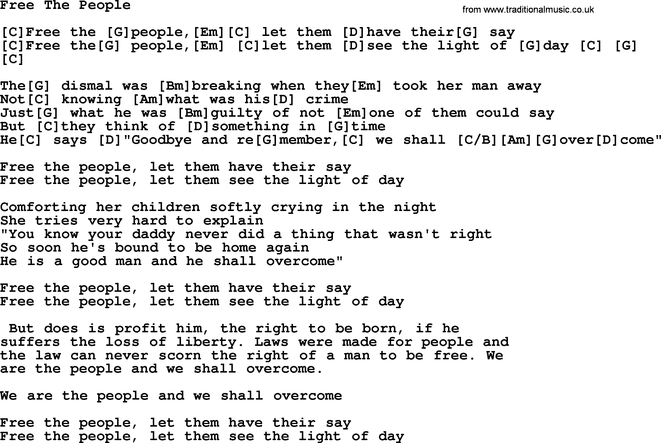 The Dubliners song: Free The People, lyrics and chords