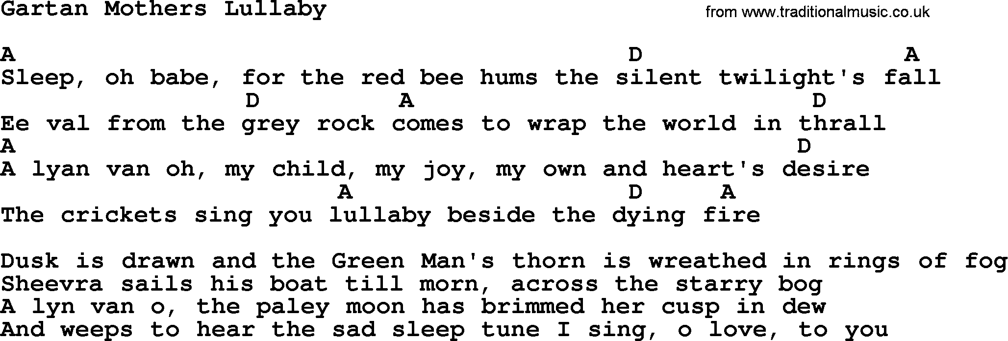 The Dubliners song: Gartan Mothers Lullaby, lyrics and chords