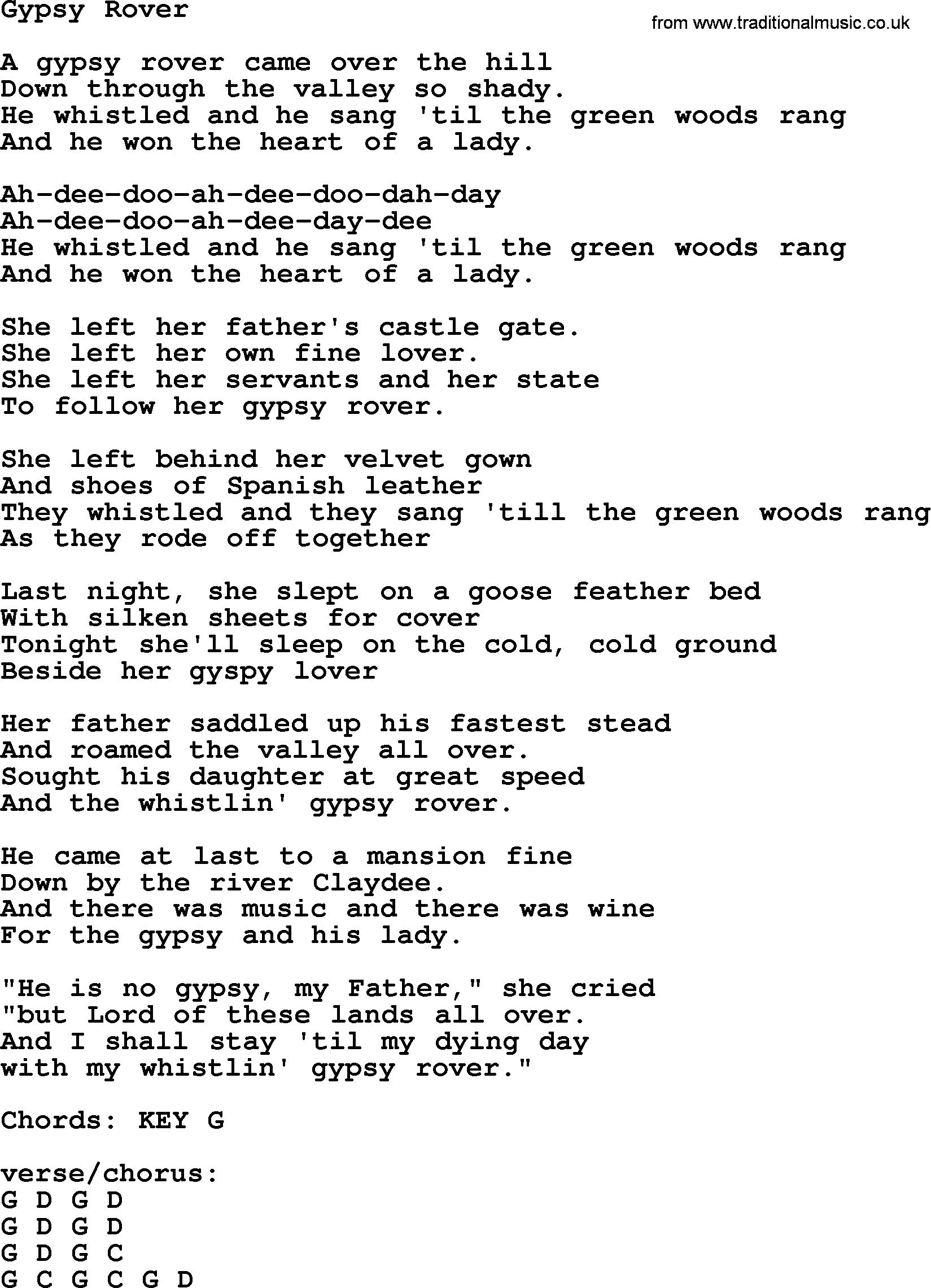 The Dubliners song: Gypsy Rover, lyrics