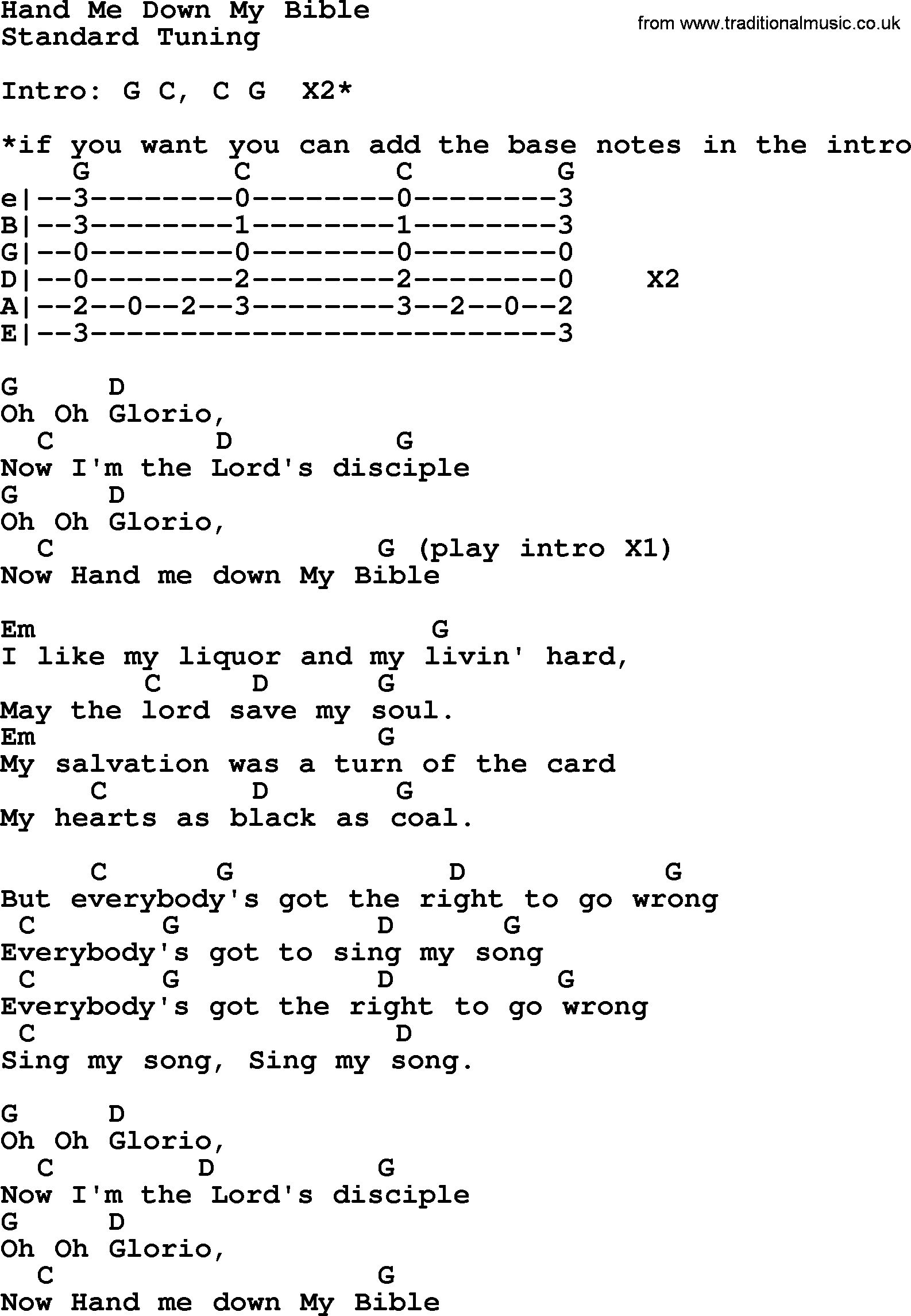The Dubliners song: Hand Me Down My Bible, lyrics and chords