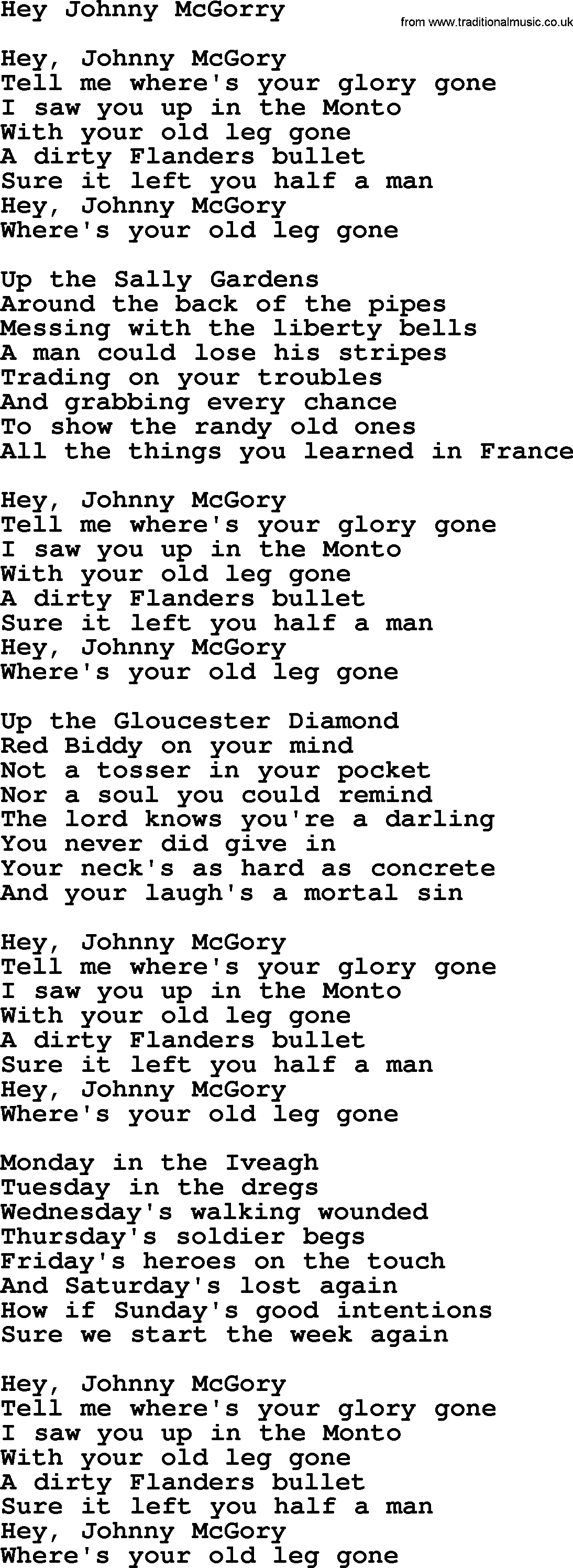 The Dubliners song: Hey Johnny Mcgorry, lyrics