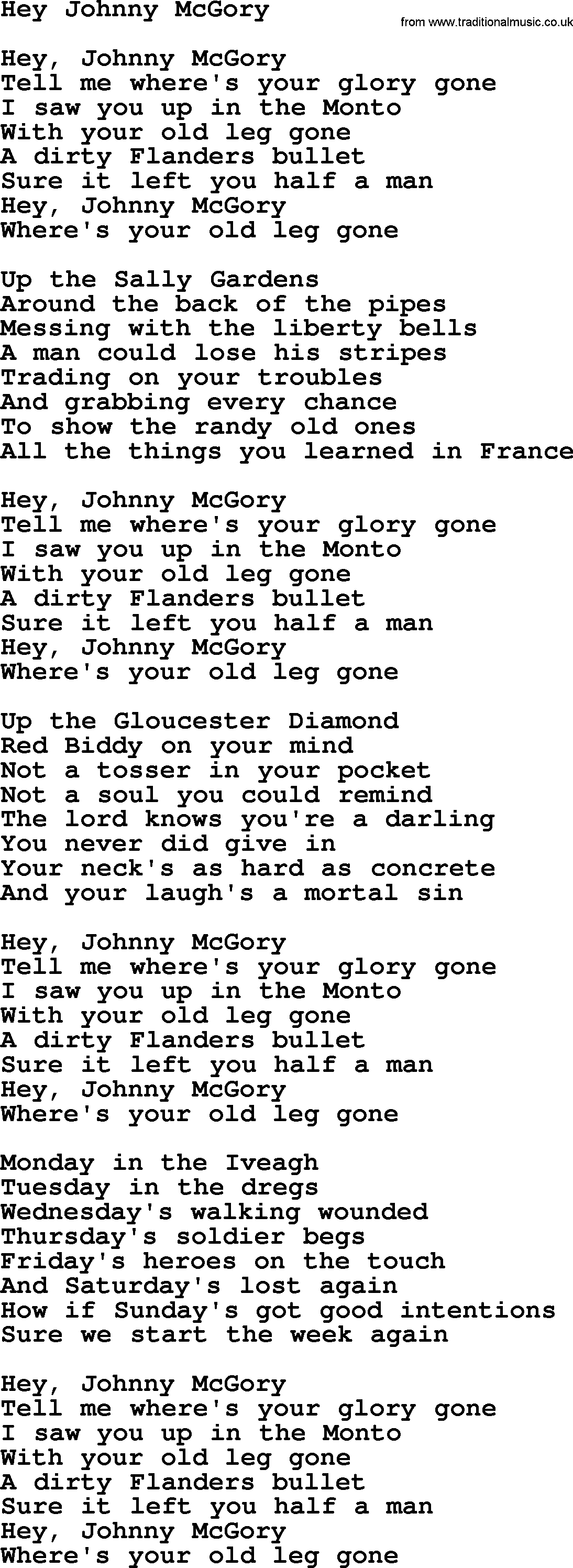 The Dubliners song: Hey Johnny Mcgory, lyrics
