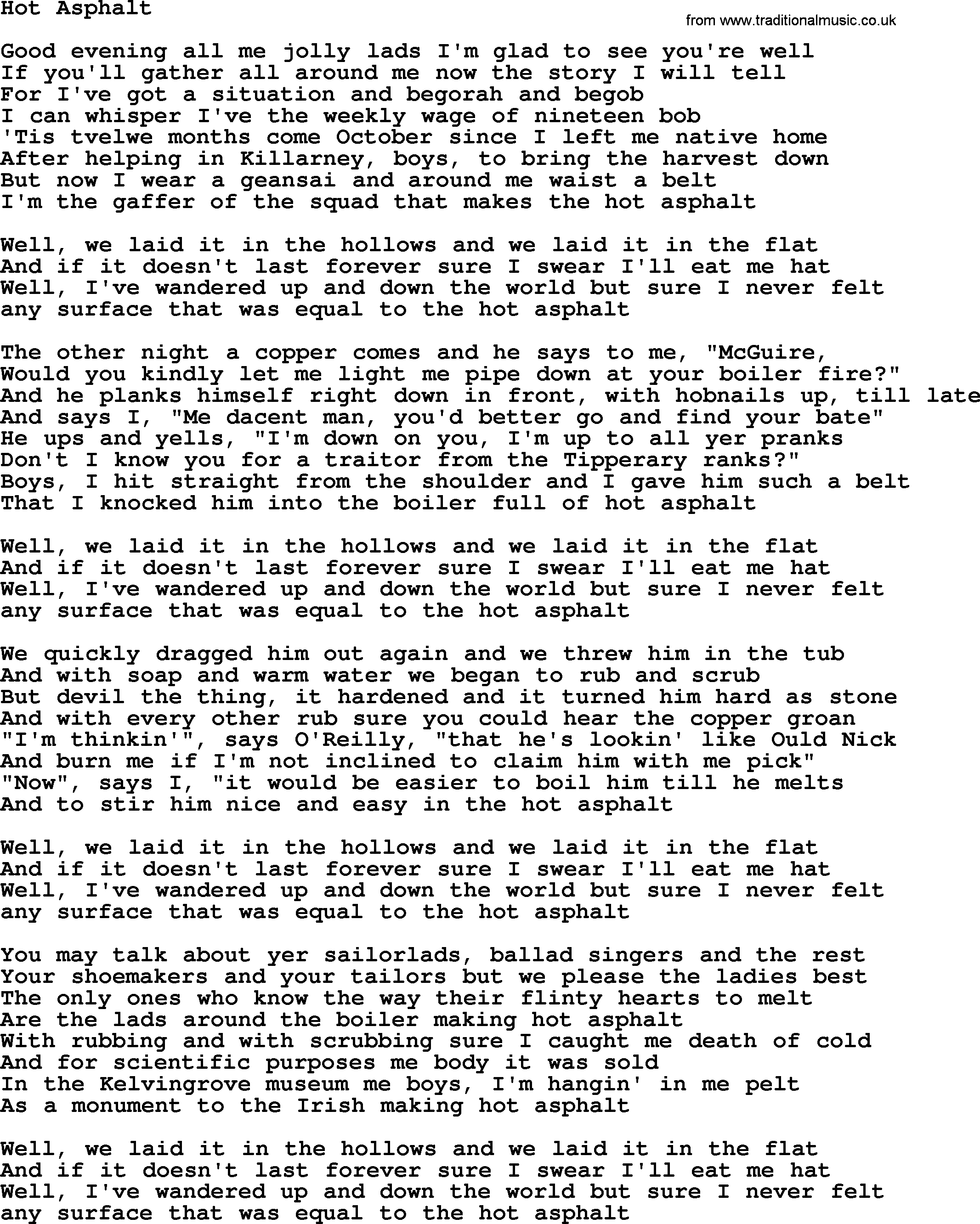 The Dubliners song: Hot Asphalt, lyrics