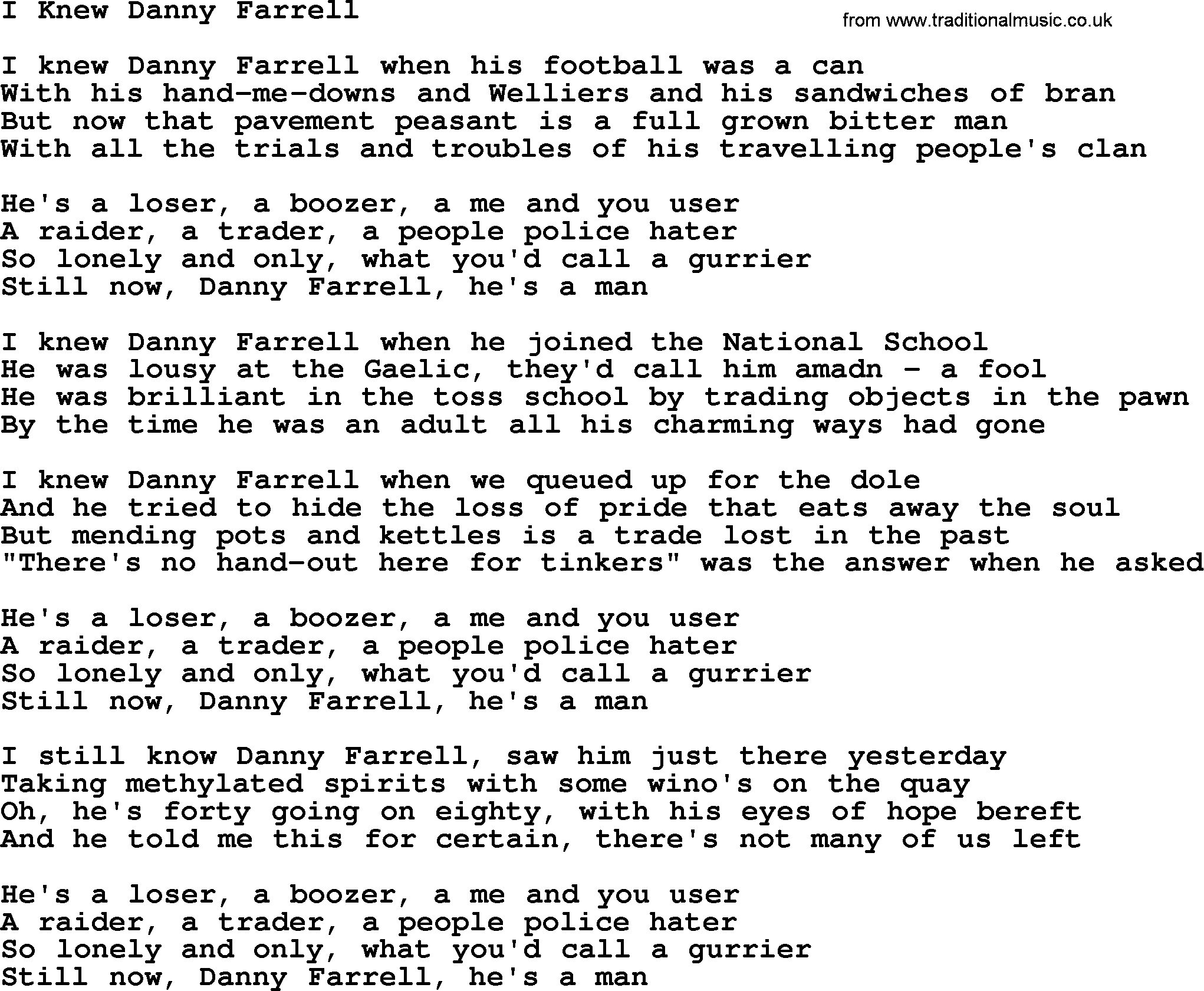 The Dubliners song: I Knew Danny Farrell, lyrics
