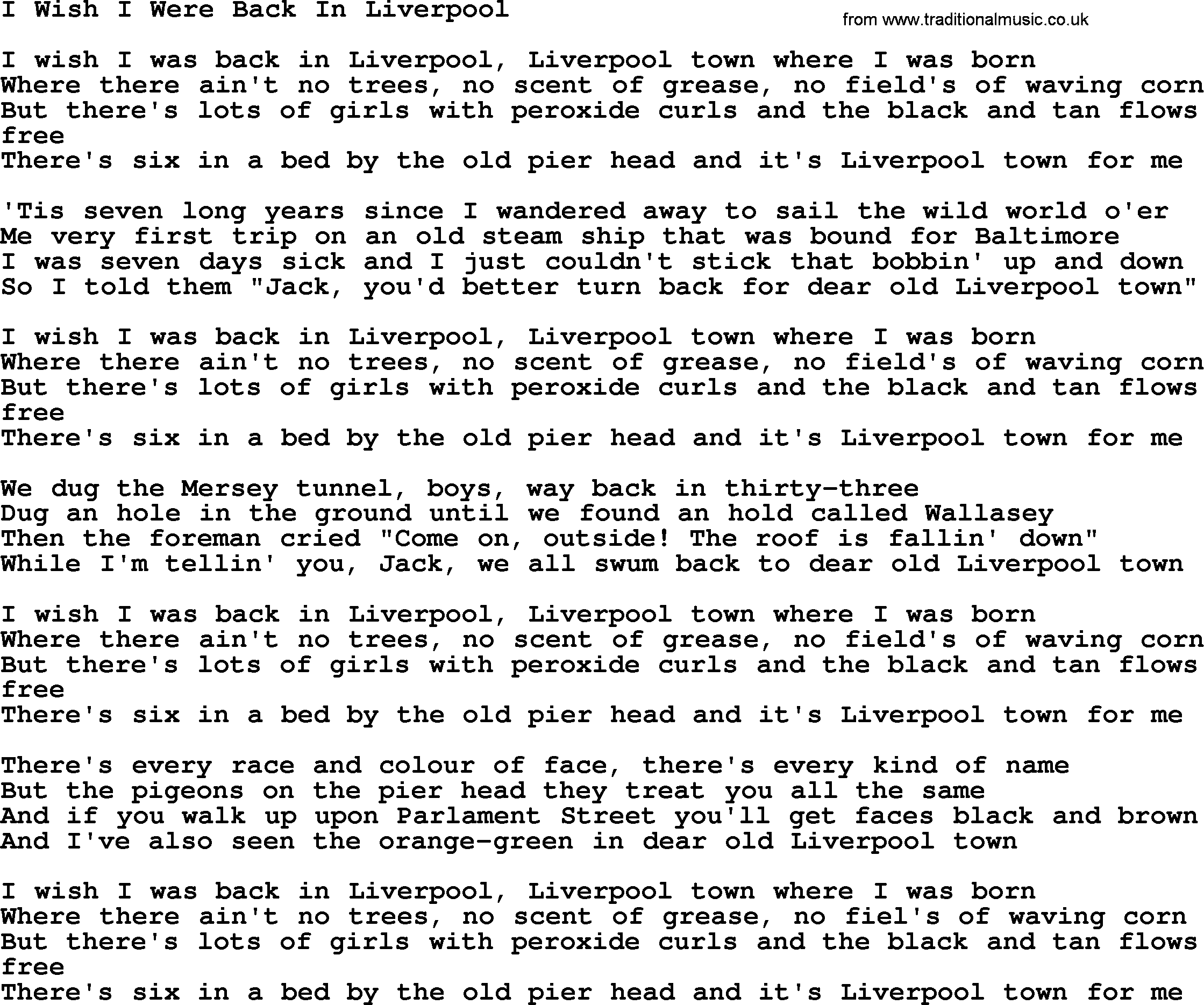 The Dubliners song: I Wish I Were Back In Liverpool, lyrics
