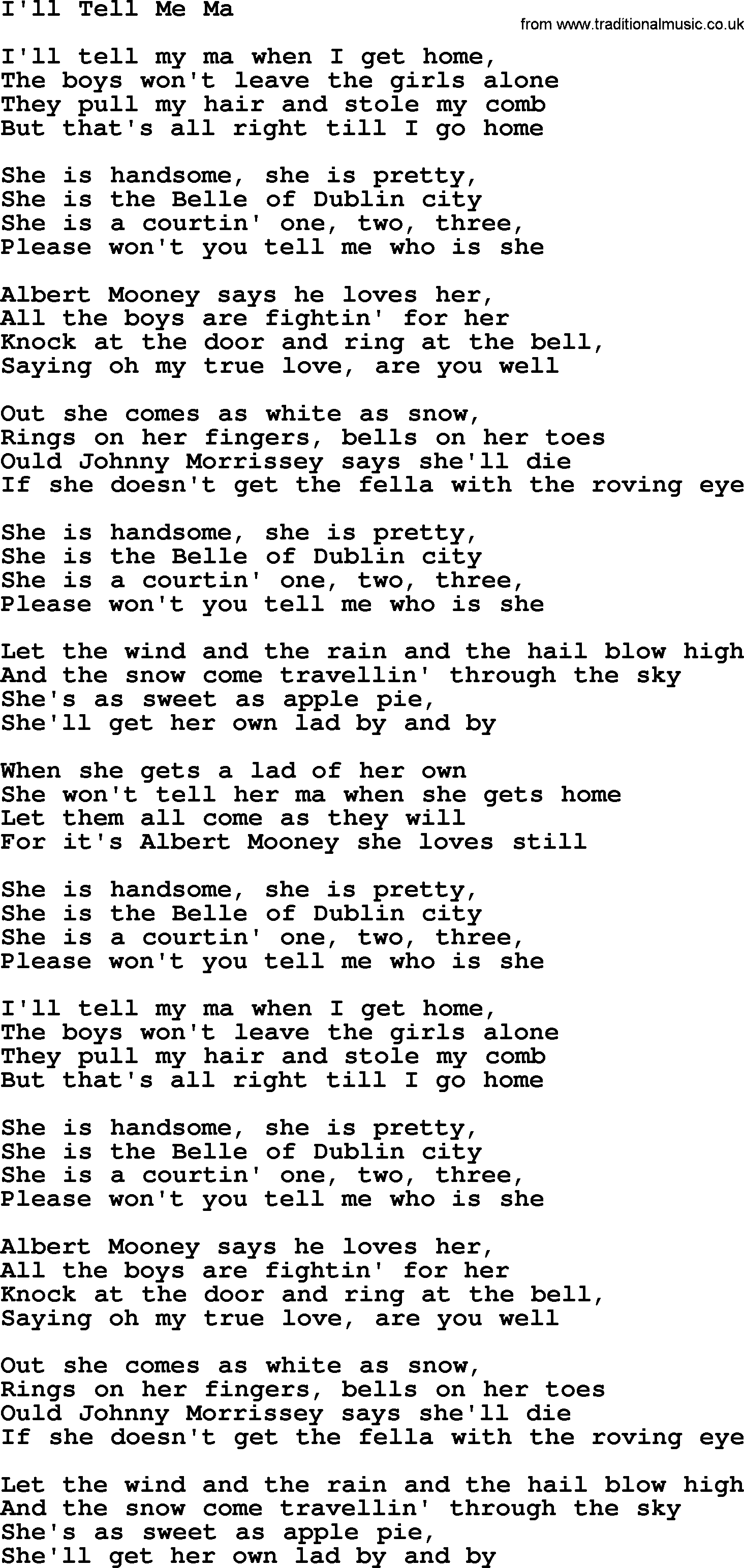 The Dubliners song: I'll Tell Me Ma, lyrics