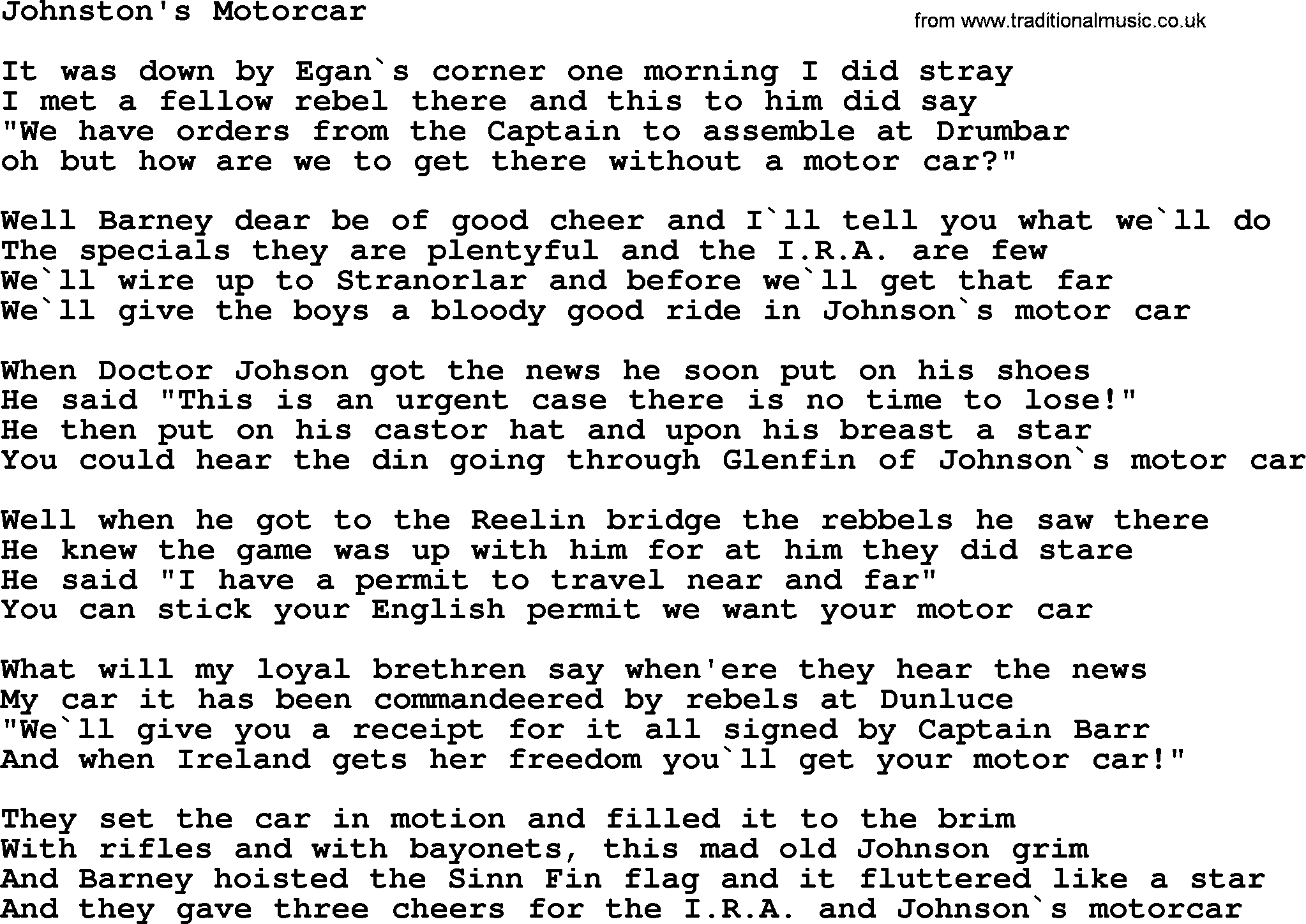 The Dubliners song: Johnston's Motorcar, lyrics