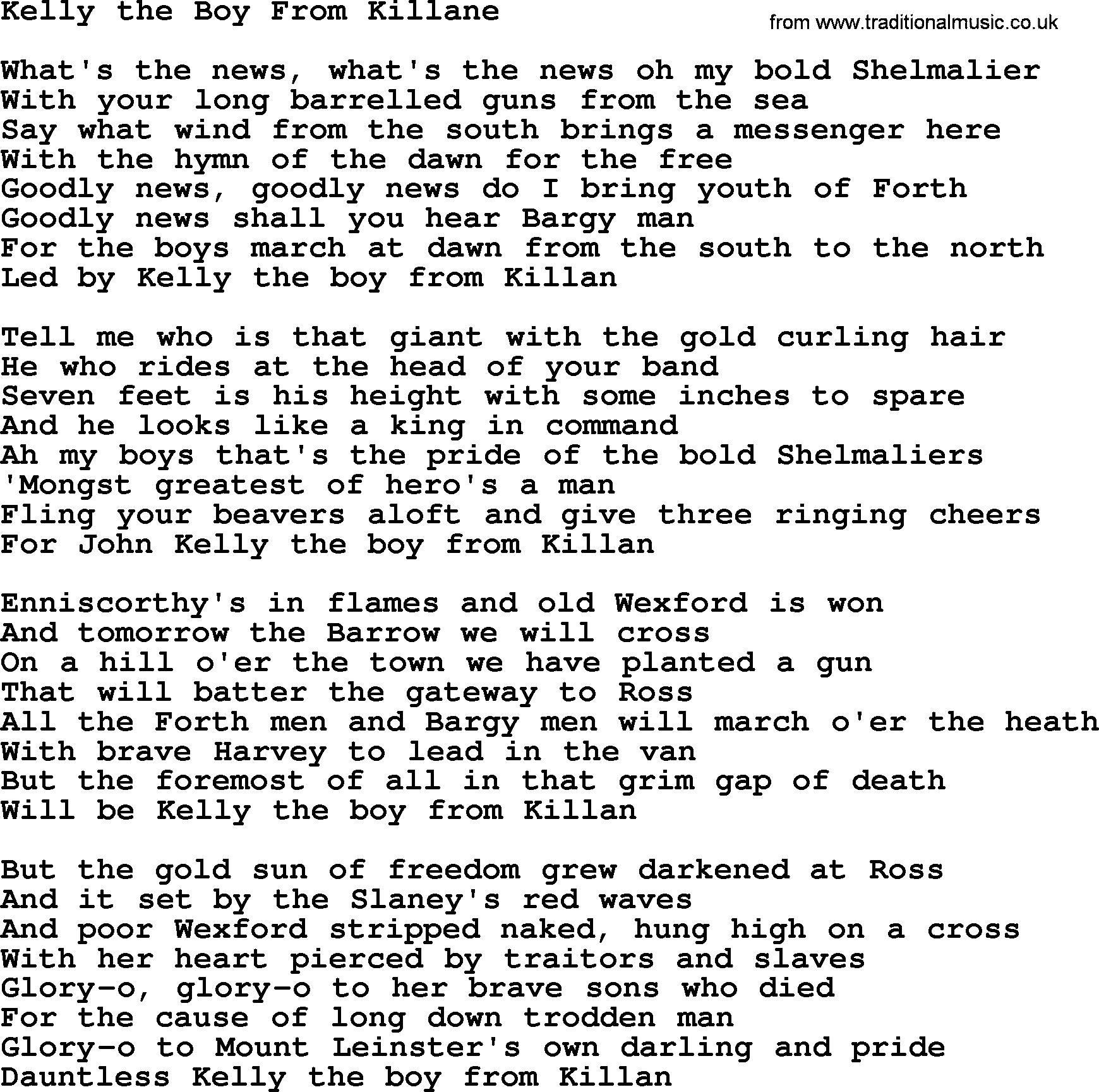 The Dubliners song: Kelly The Boy From Killane, lyrics
