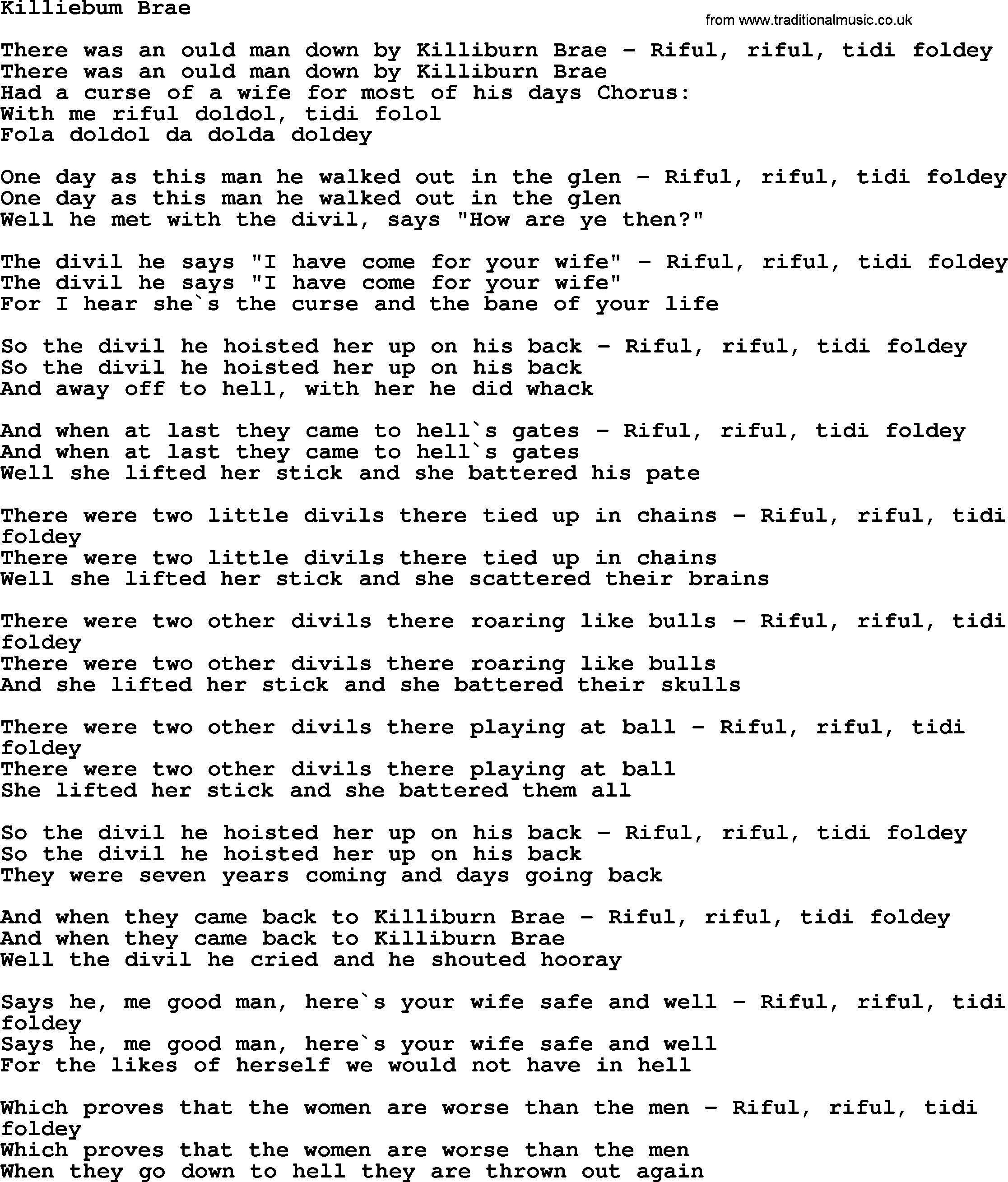 The Dubliners song: Killiebum Brae, lyrics