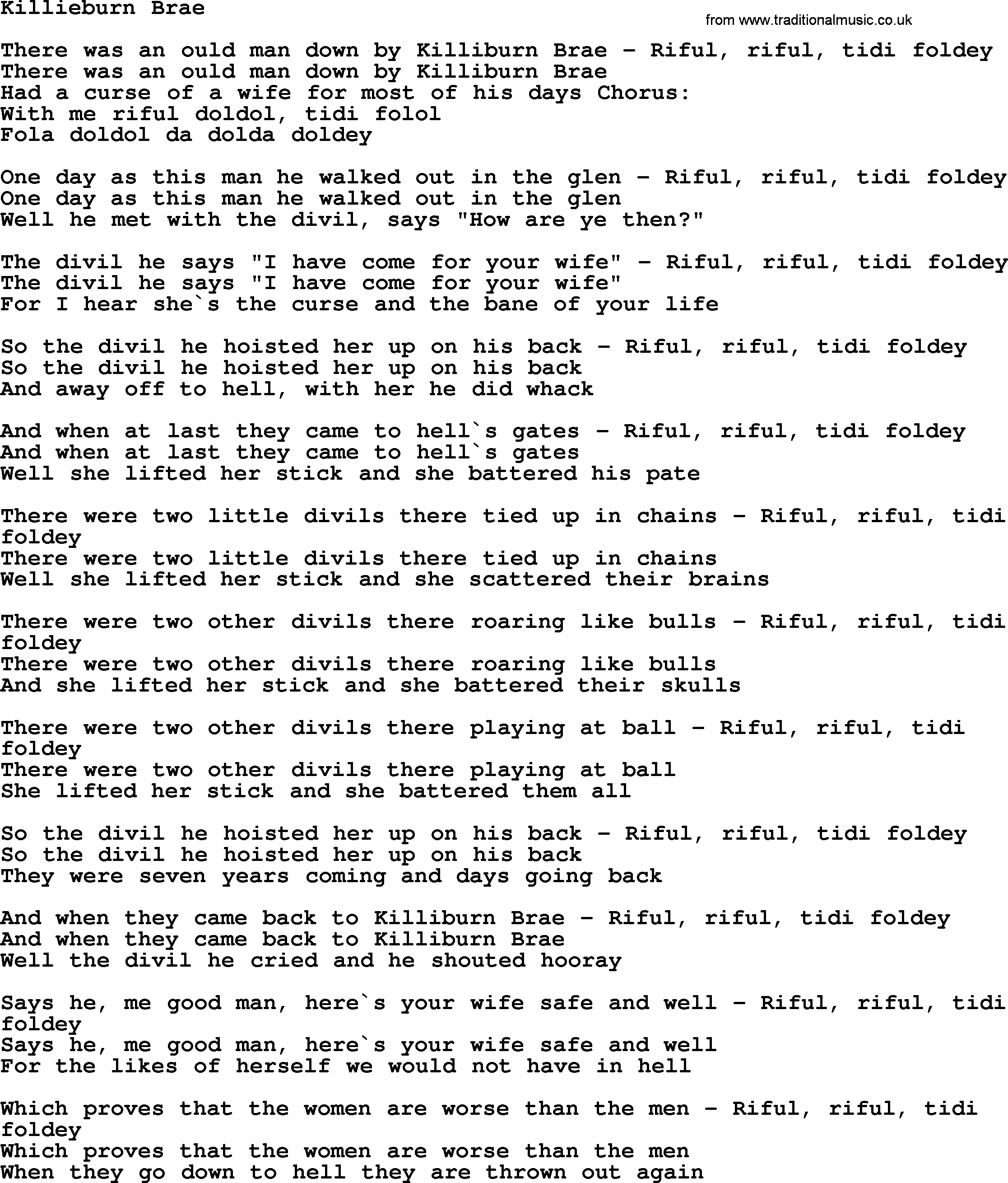 The Dubliners song: Killieburn Brae, lyrics