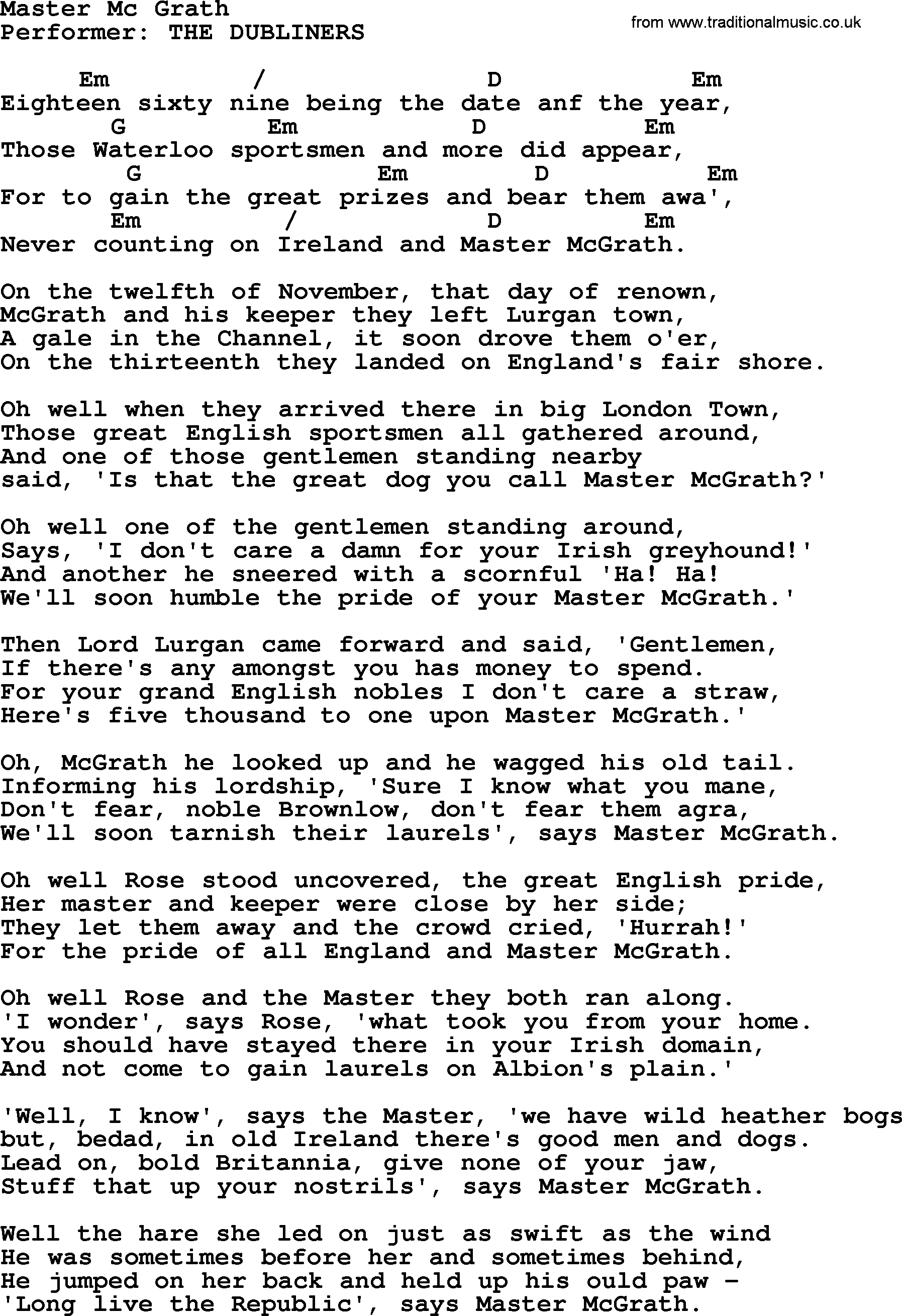 The Dubliners song: Master Mc Grath, lyrics and chords