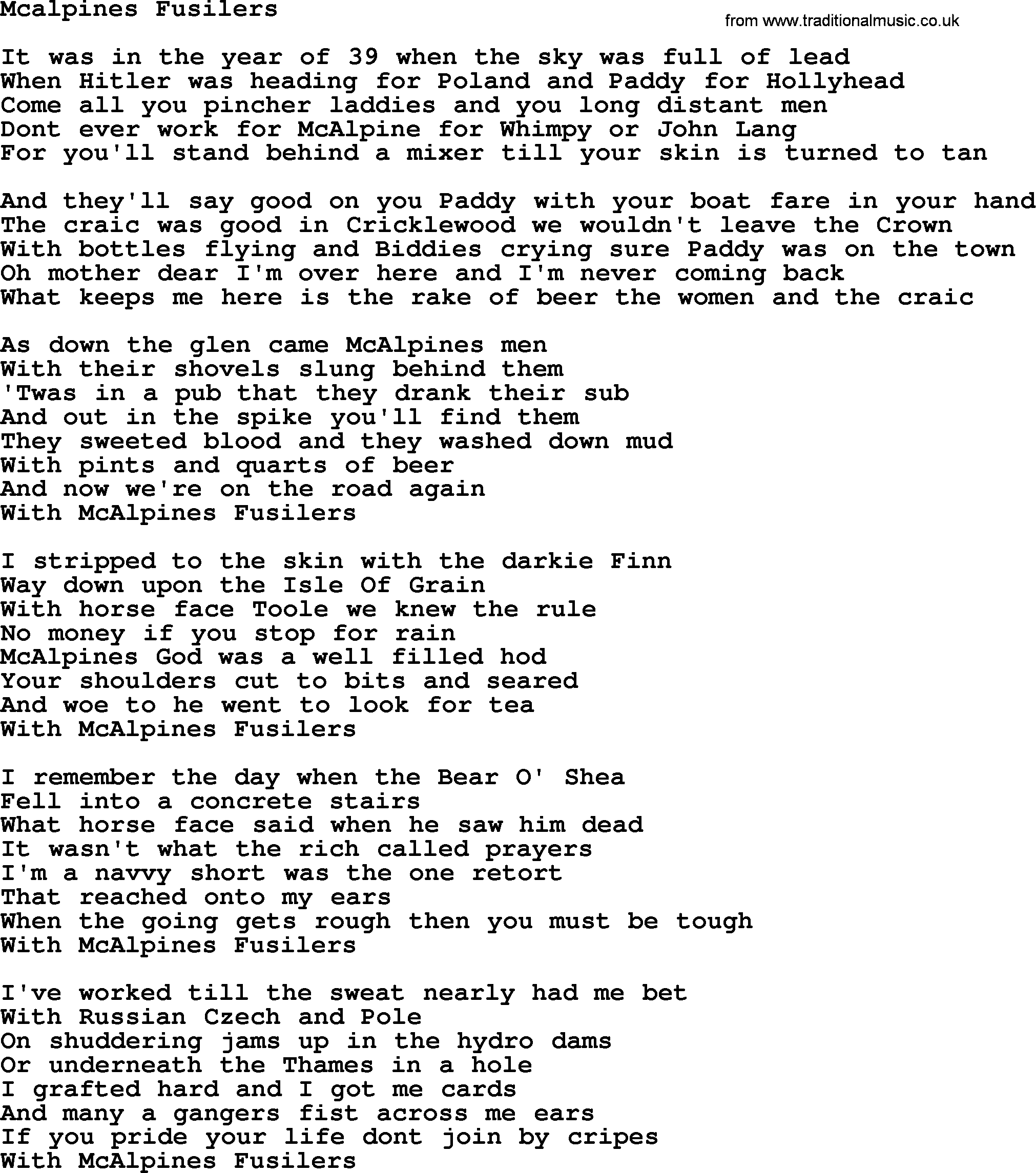 The Dubliners song: Mcalpines Fusilers, lyrics