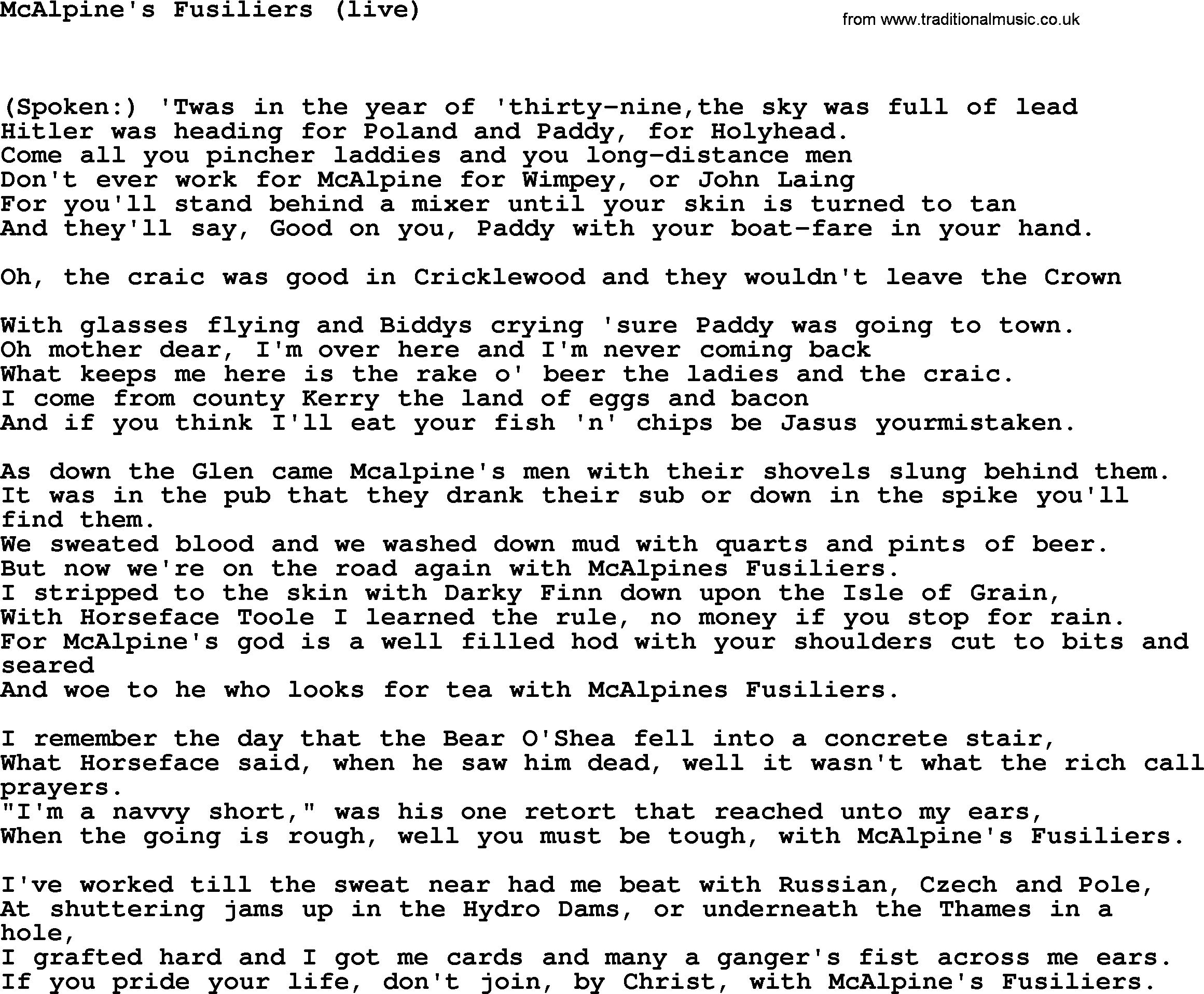 The Dubliners song: Mcalpine's Fusiliers (live), lyrics