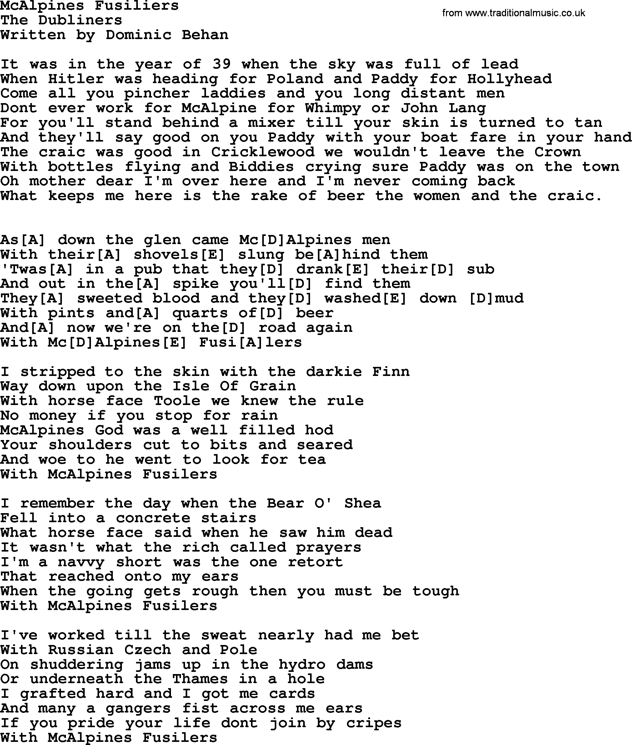 The Dubliners song: Mcalpines Fusiliers, lyrics and chords