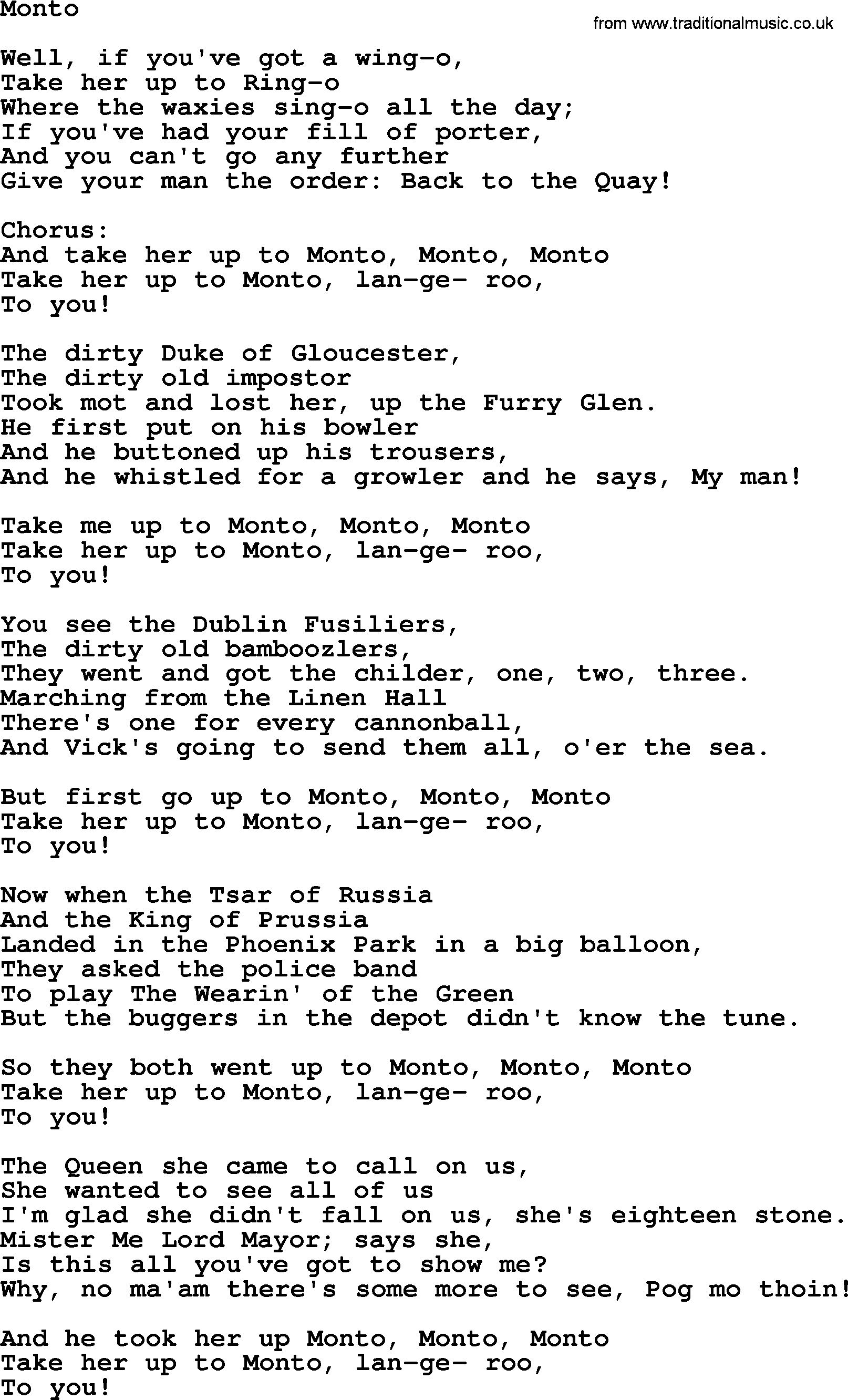 The Dubliners song: Monto, lyrics
