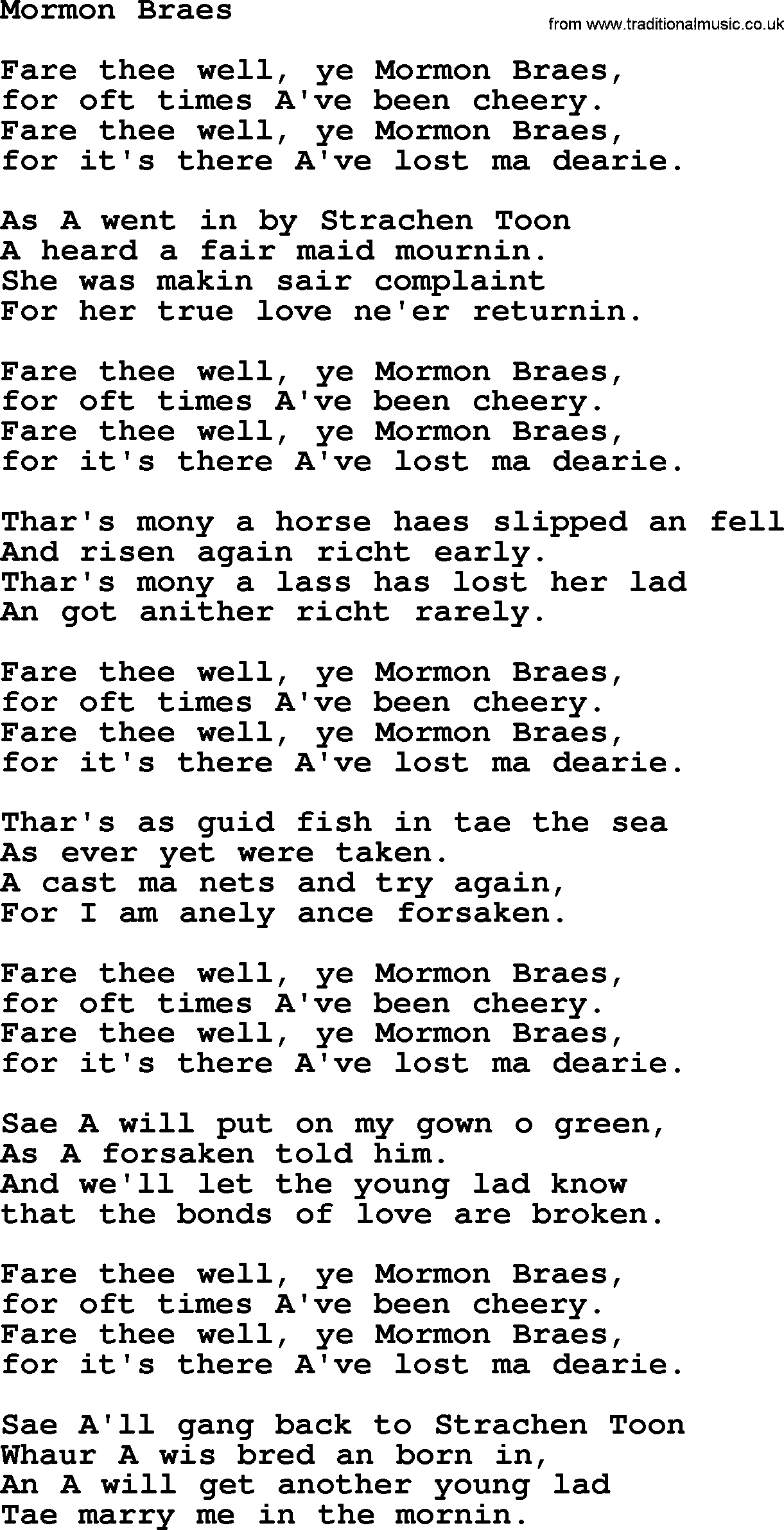 The Dubliners song: Mormon Braes, lyrics