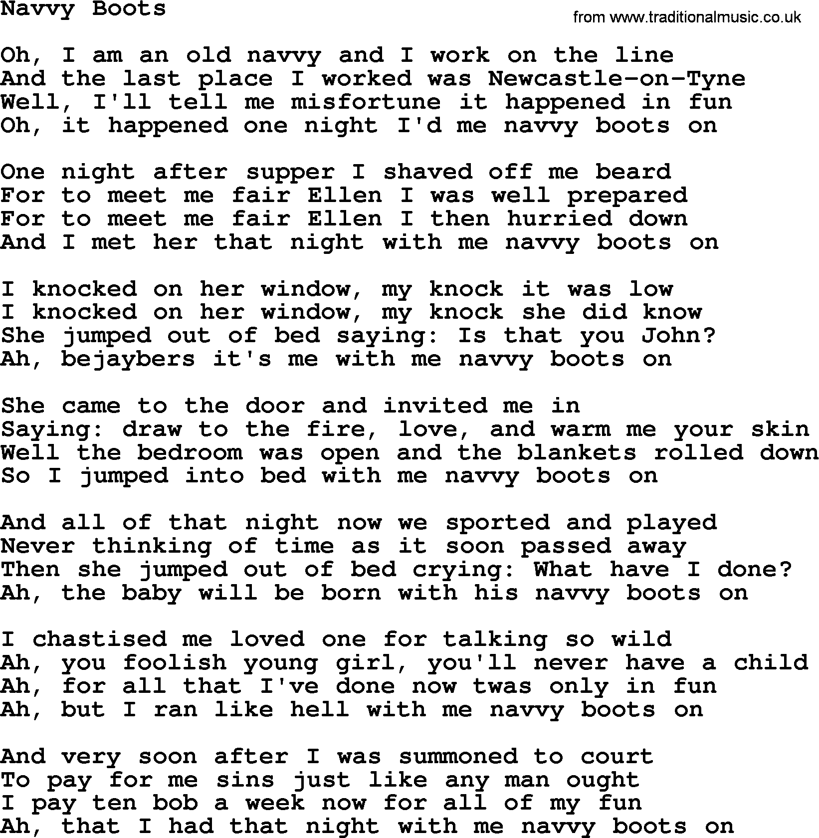 The Dubliners song: Navvy Boots, lyrics