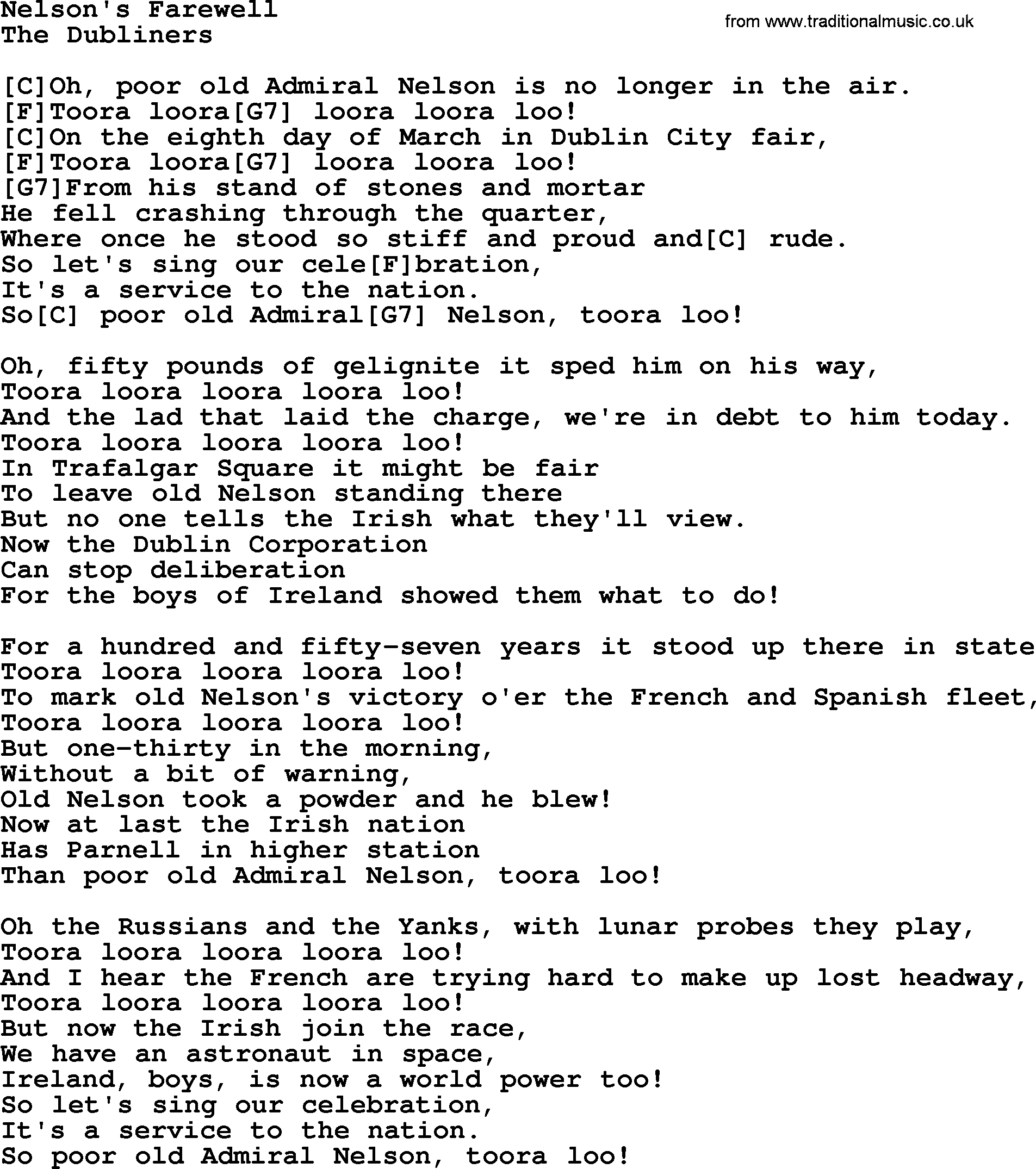 The Dubliners song: Nelson's Farewell, lyrics and chords