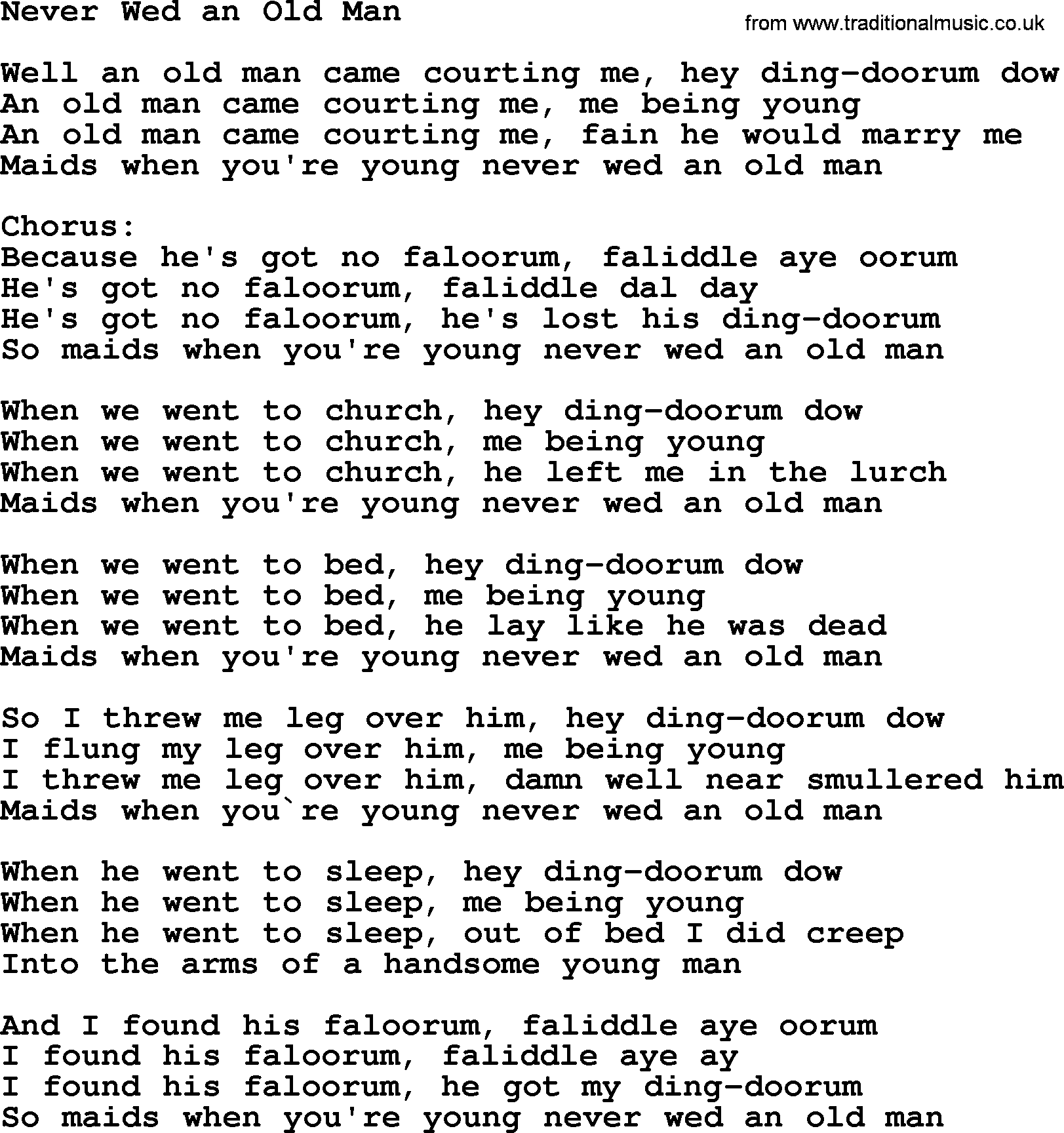 The Dubliners song: Never Wed An Old Man, lyrics