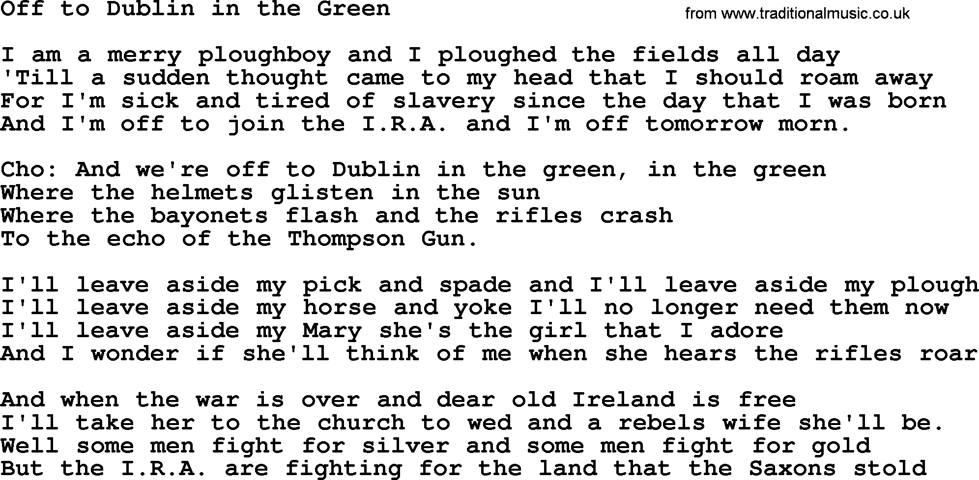The Dubliners song: Off To Dublin In The Green, lyrics