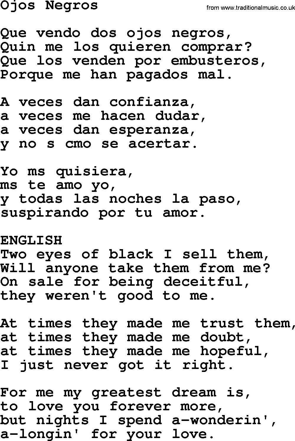 The Dubliners song: Ojos Negros, lyrics