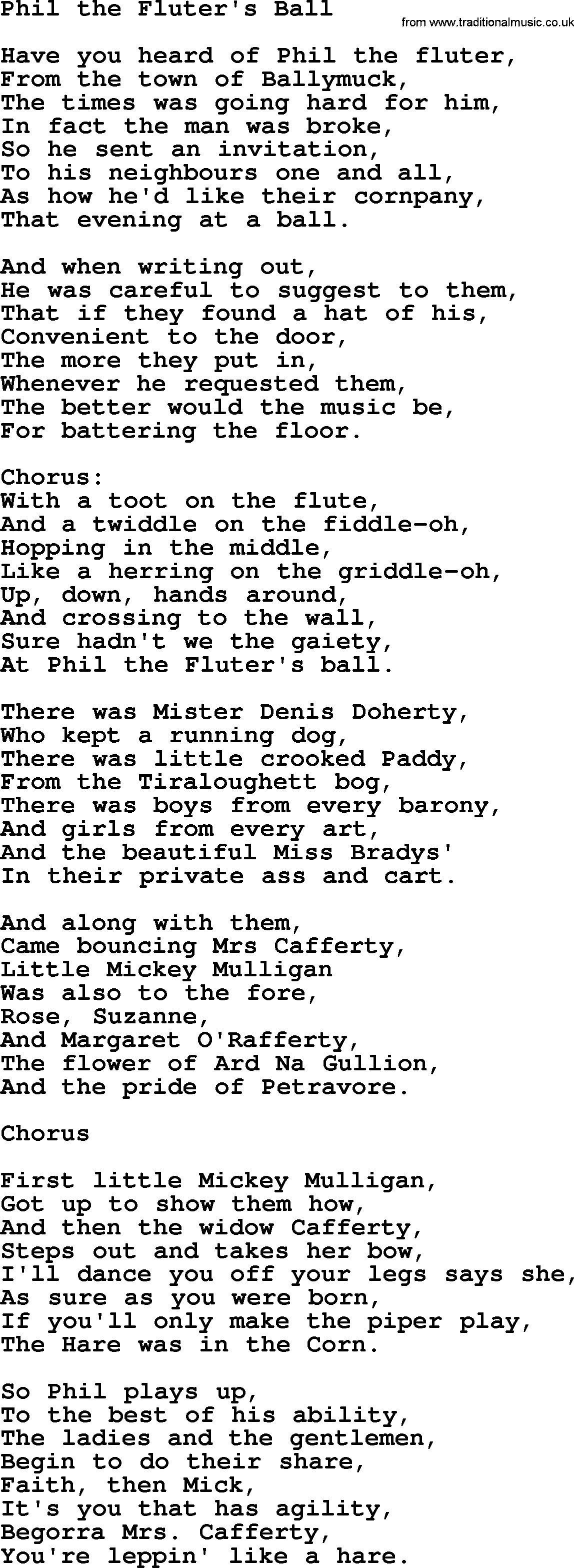 The Dubliners song: Phil The Fluter's Ball, lyrics