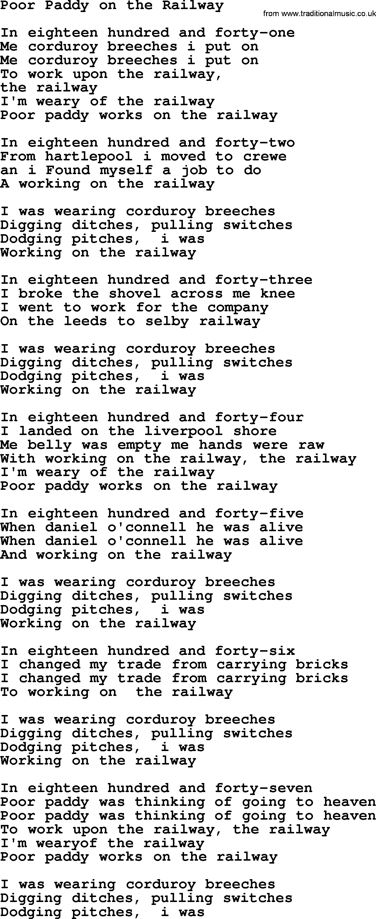 The Dubliners song: Poor Paddy On The Railway, lyrics