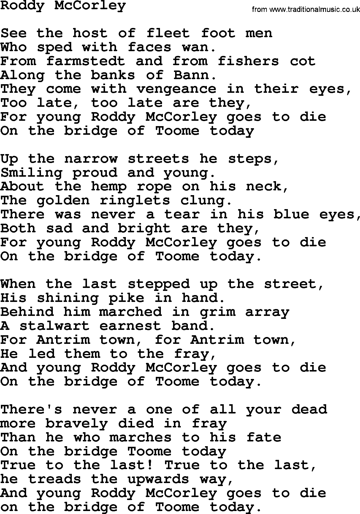 The Dubliners song: Roddy Mccorley, lyrics