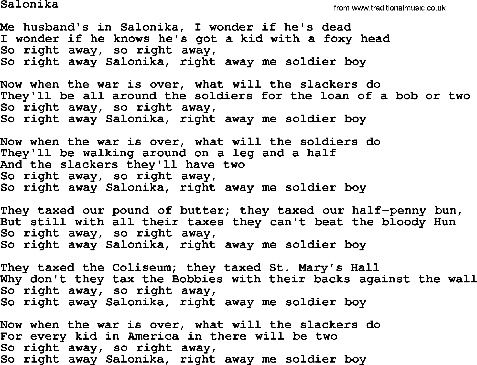 The Dubliners song: Salonika, lyrics