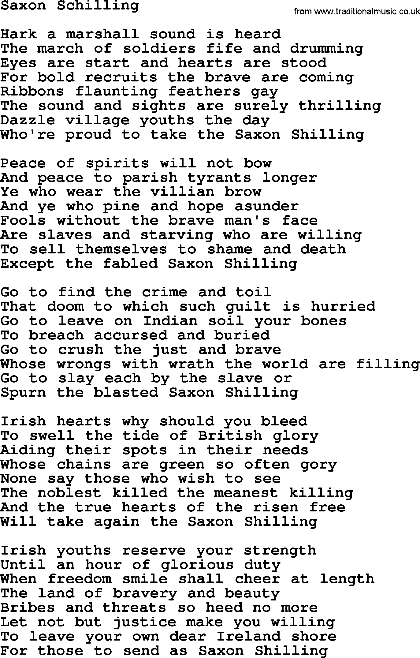 The Dubliners song: Saxon Schilling, lyrics