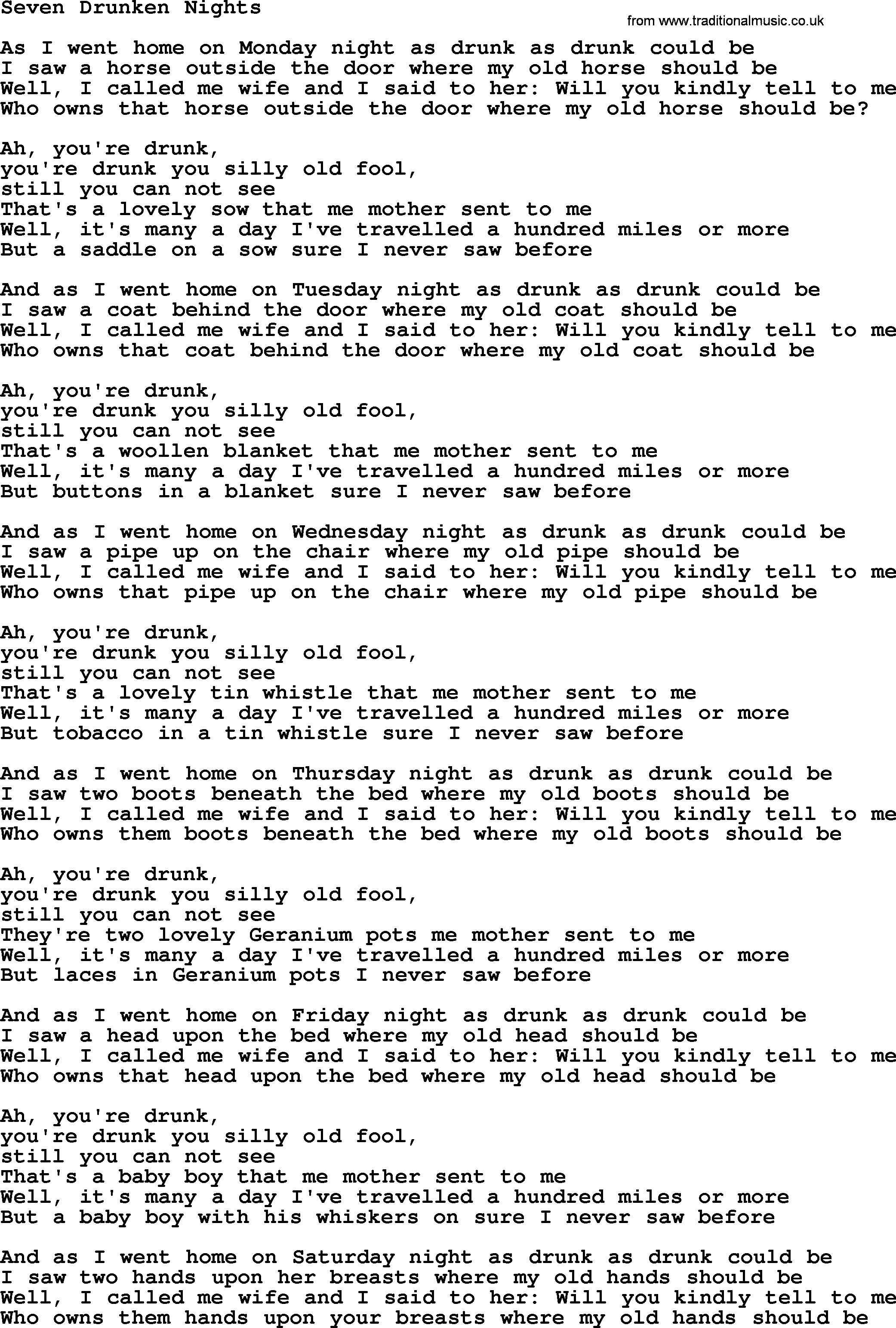 The Dubliners song: Seven Drunken Nights, lyrics