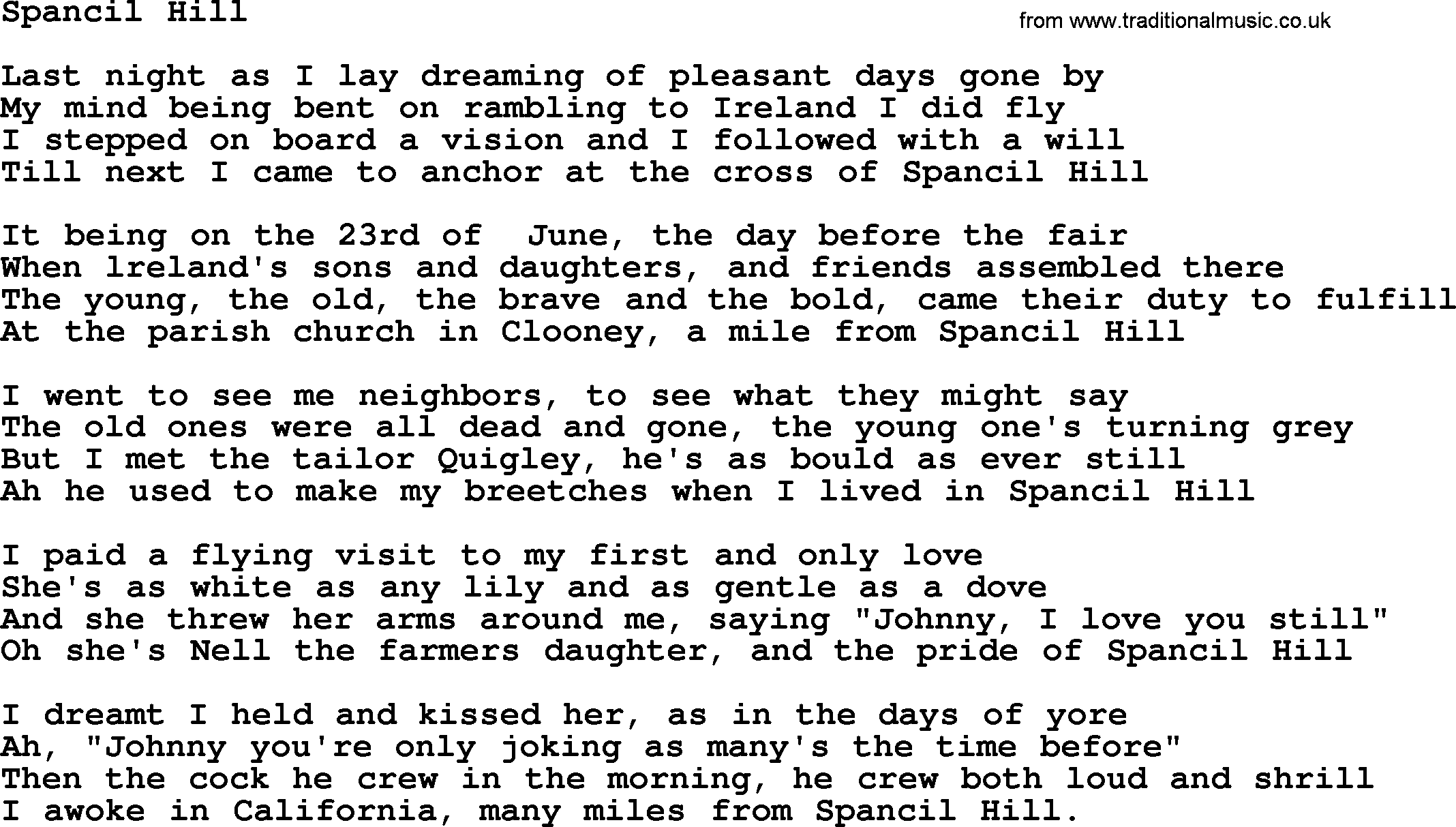 The Dubliners song: Spancil Hill, lyrics