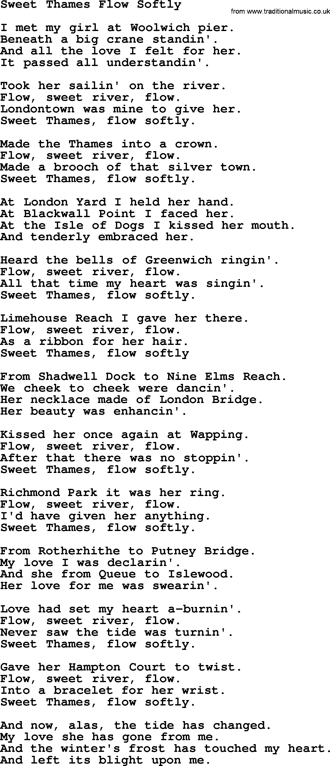 The Dubliners song: Sweet Thames Flow Softly, lyrics