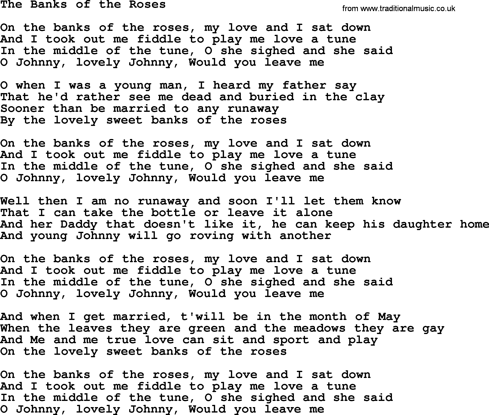 The Dubliners song: The Banks Of The Roses, lyrics