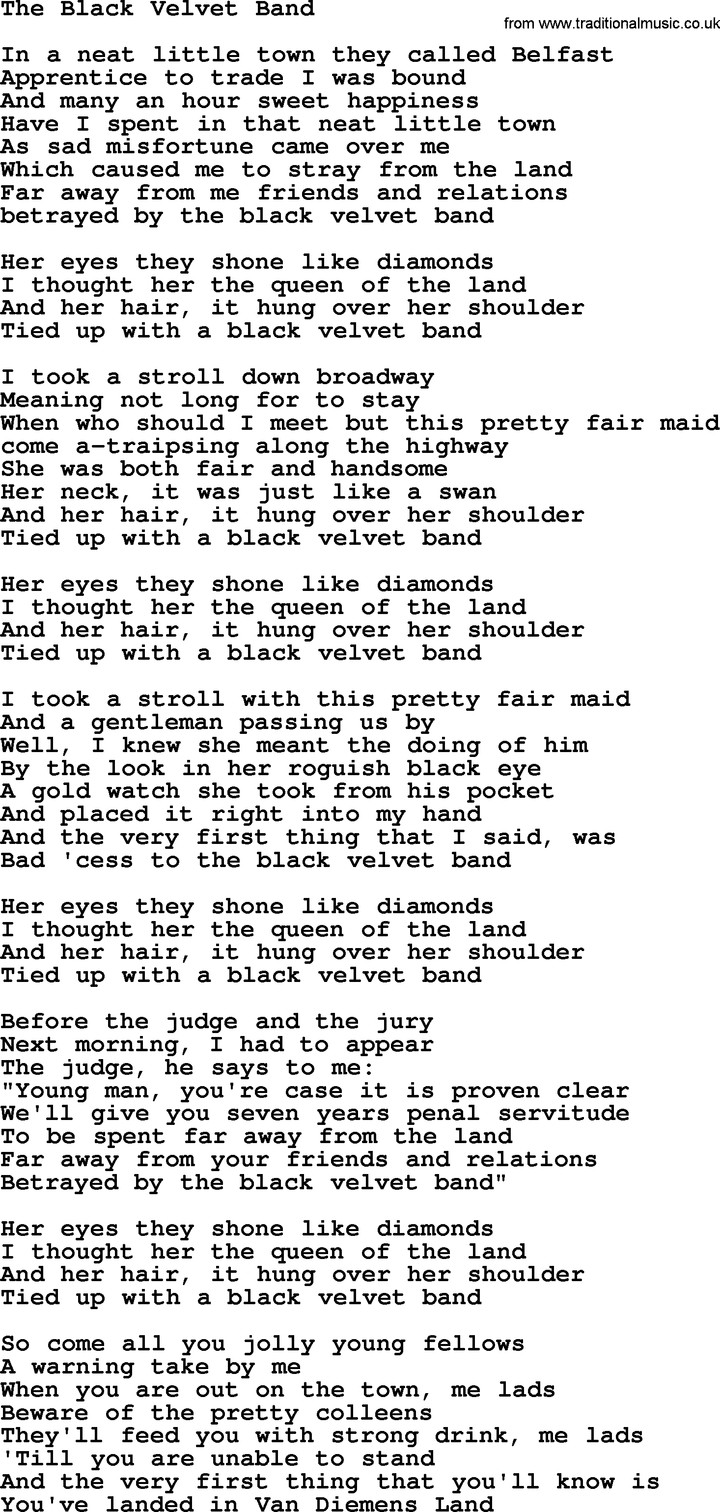 The Black Velvet Band by The Dubliners - song lyrics and chords