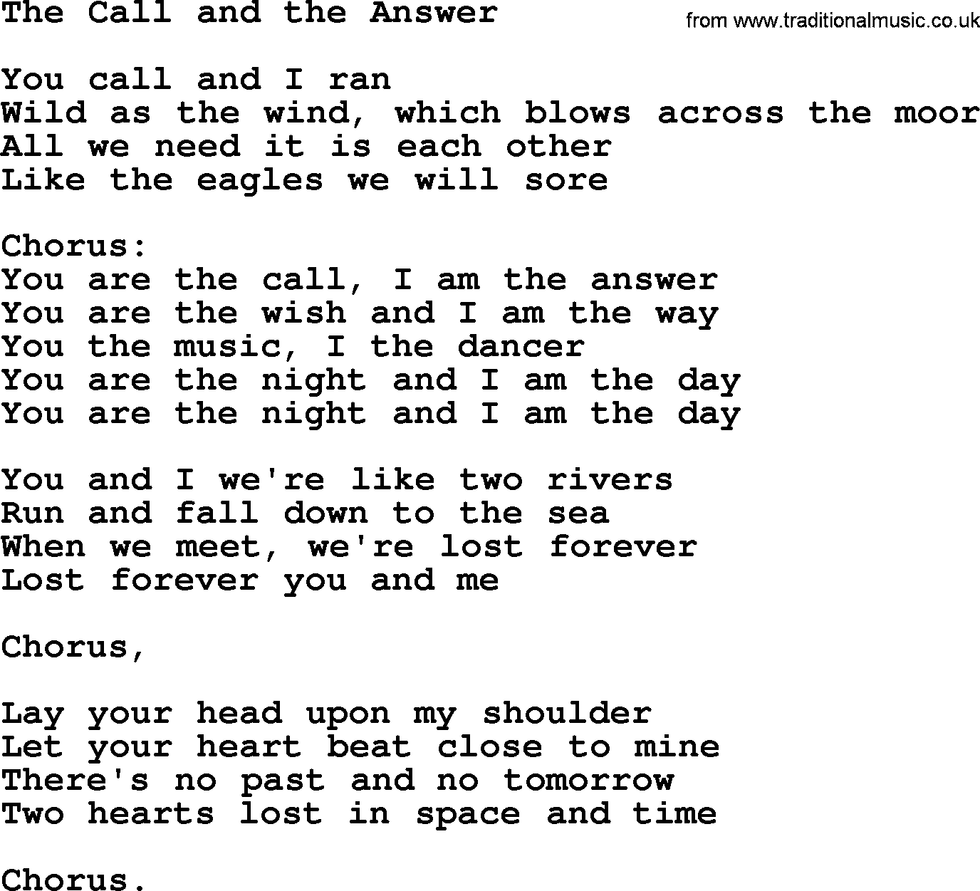 The Dubliners song: The Call And The Answer, lyrics