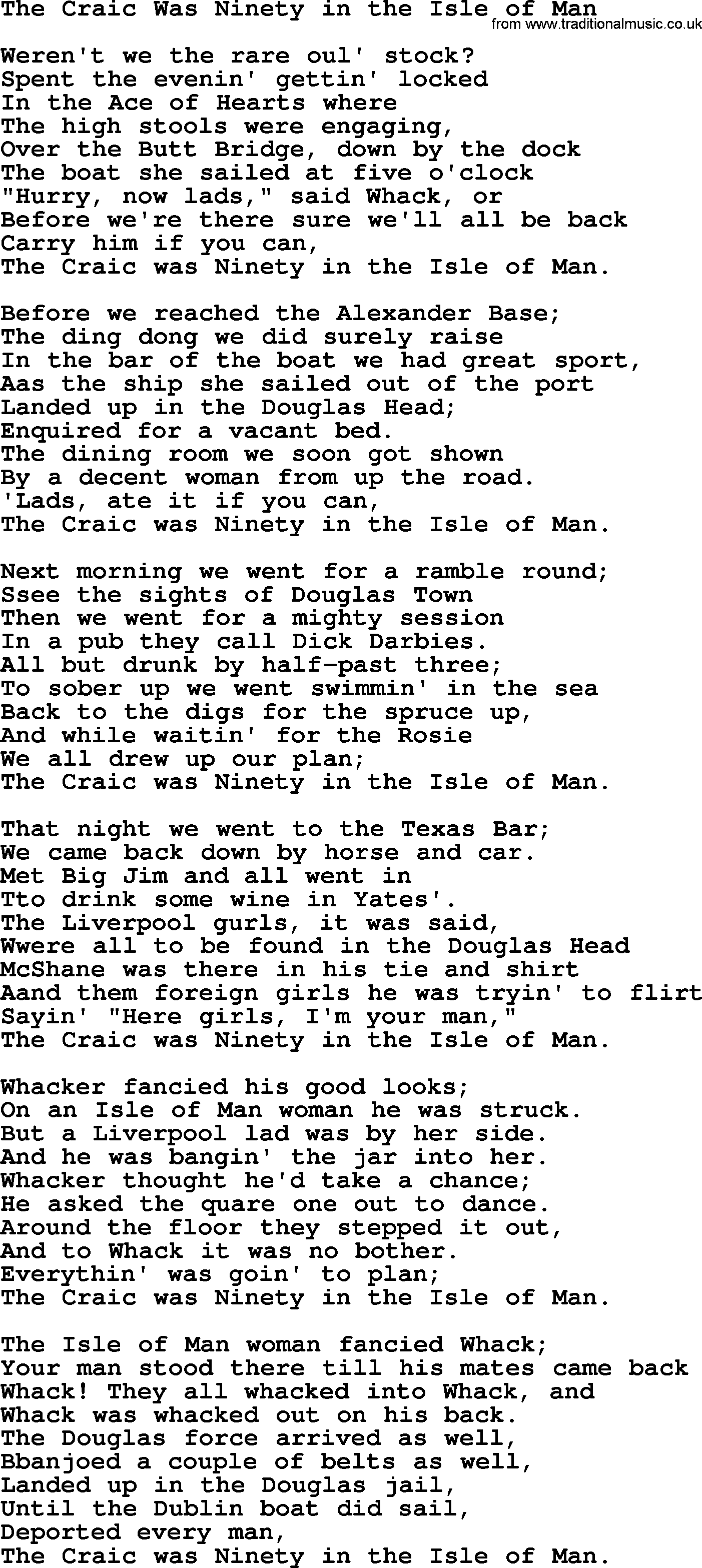 The Dubliners song: The Craic Was Ninety In The Isle Of Man, lyrics