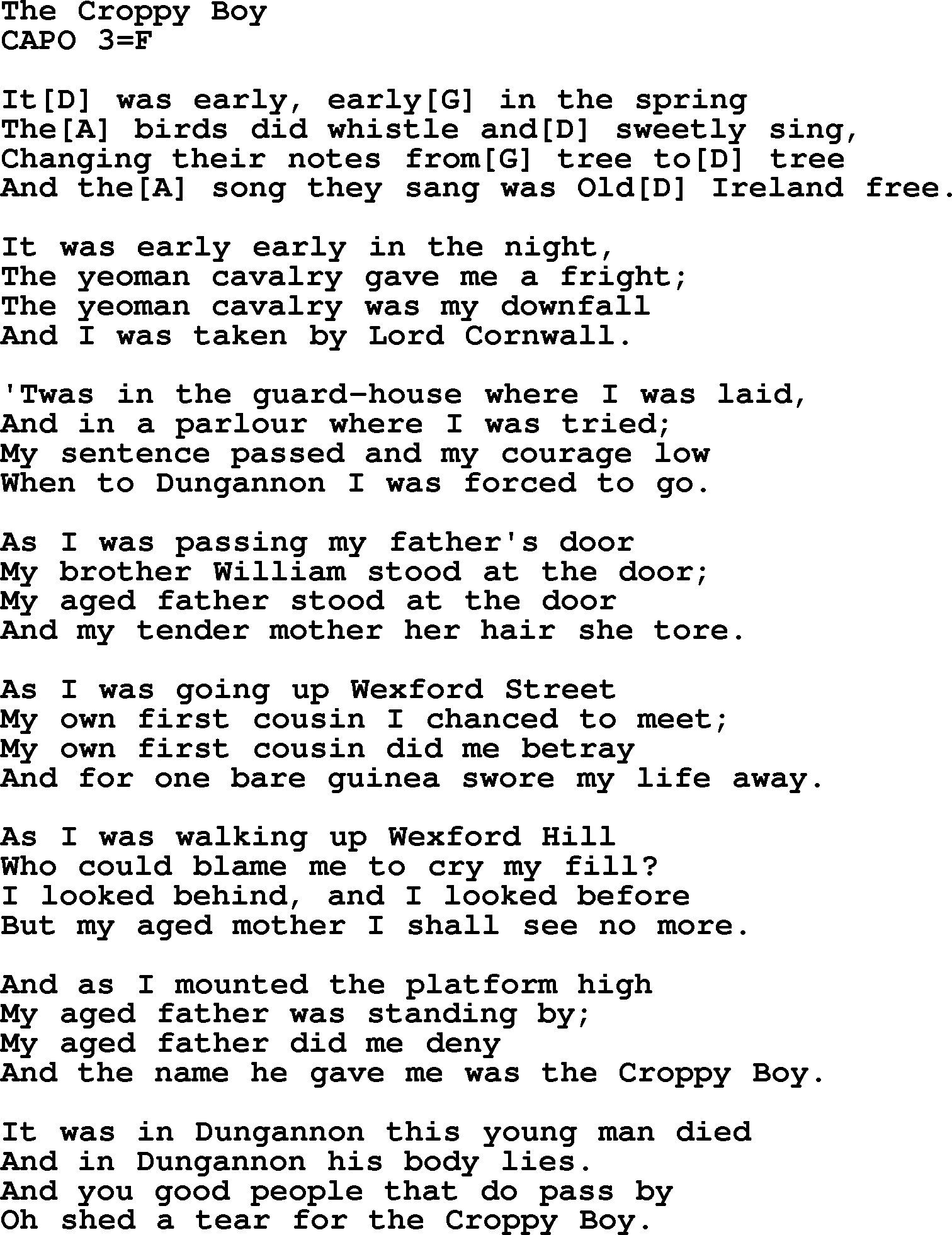 The Dubliners song: The Croppy Boy, lyrics and chords