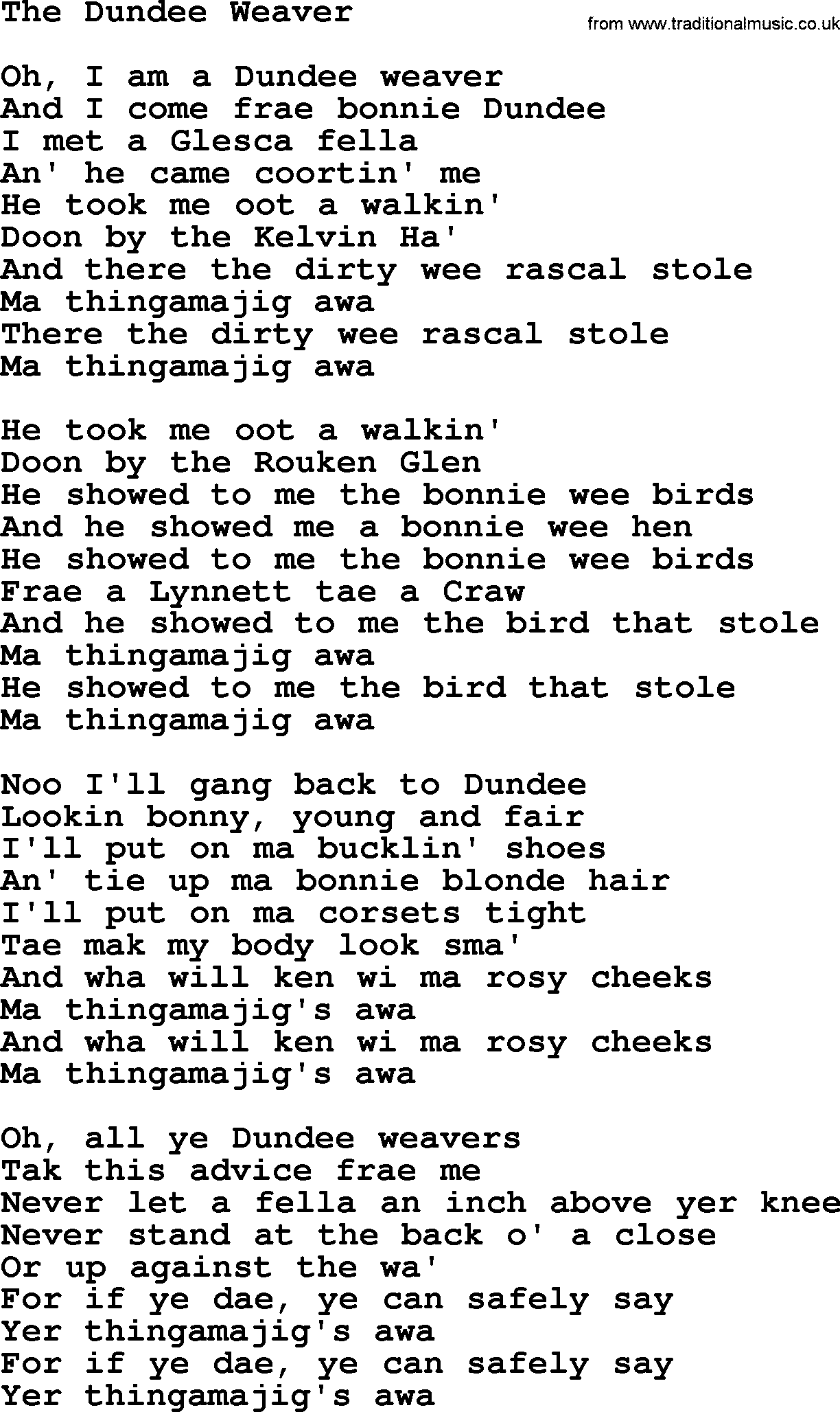 The Dubliners song: The Dundee Weaver, lyrics