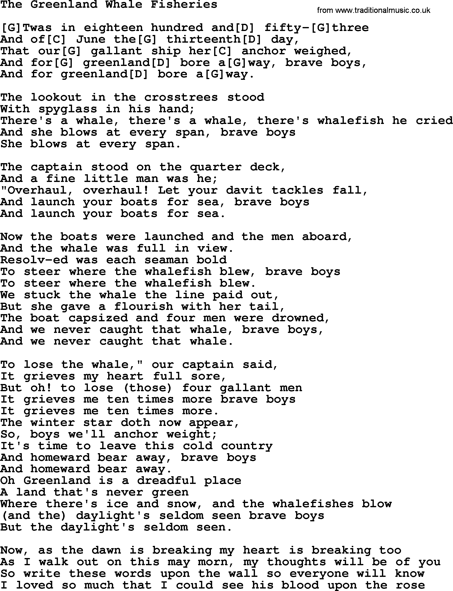 The Dubliners song: The Greenland Whale Fisheries, lyrics