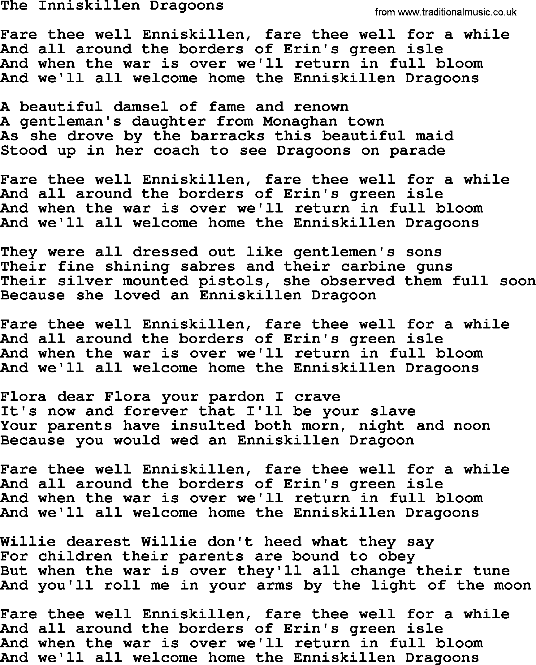 The Dubliners song: The Inniskillen Dragoons, lyrics