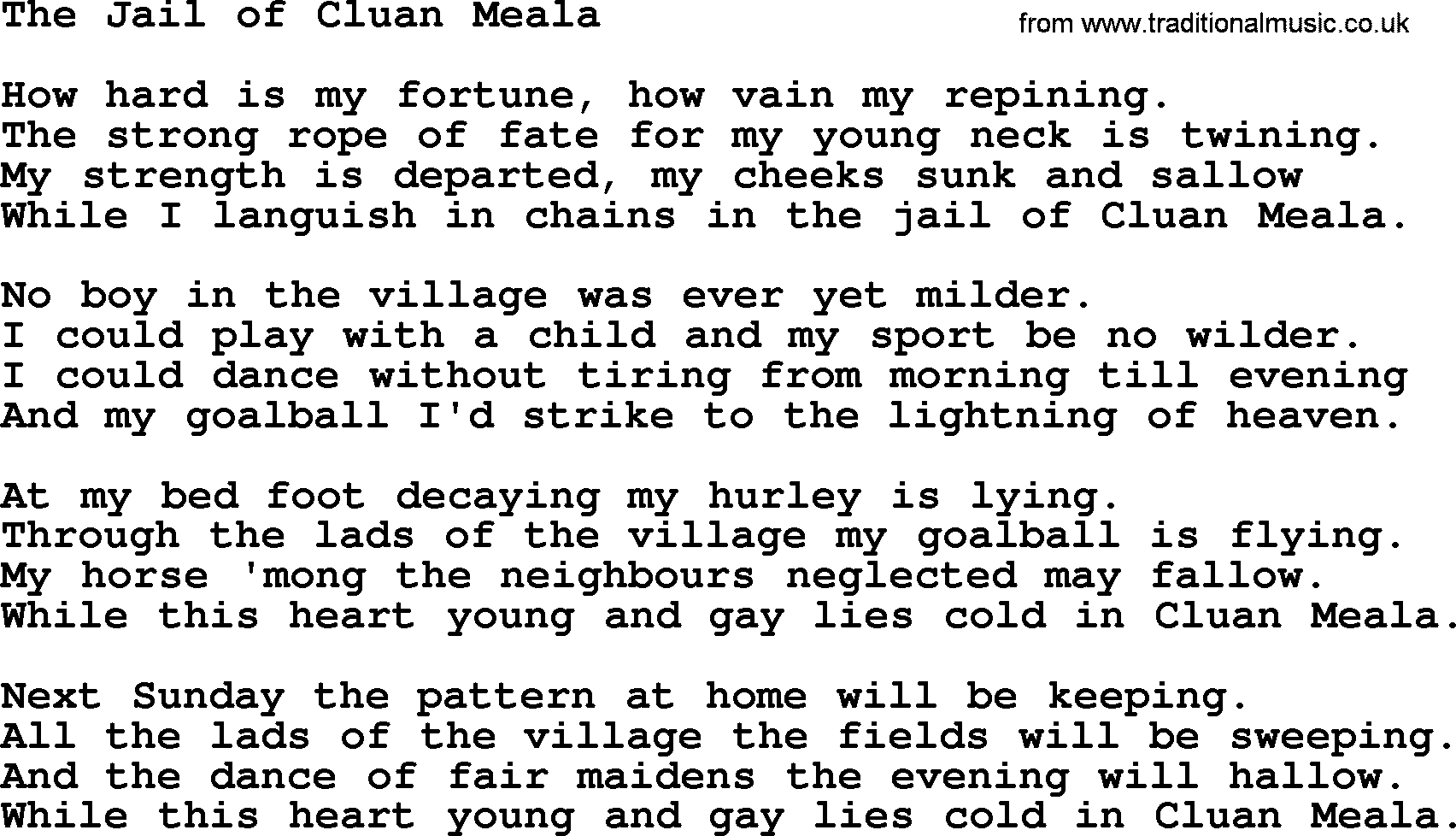 The Dubliners song: The Jail Of Cluan Meala, lyrics