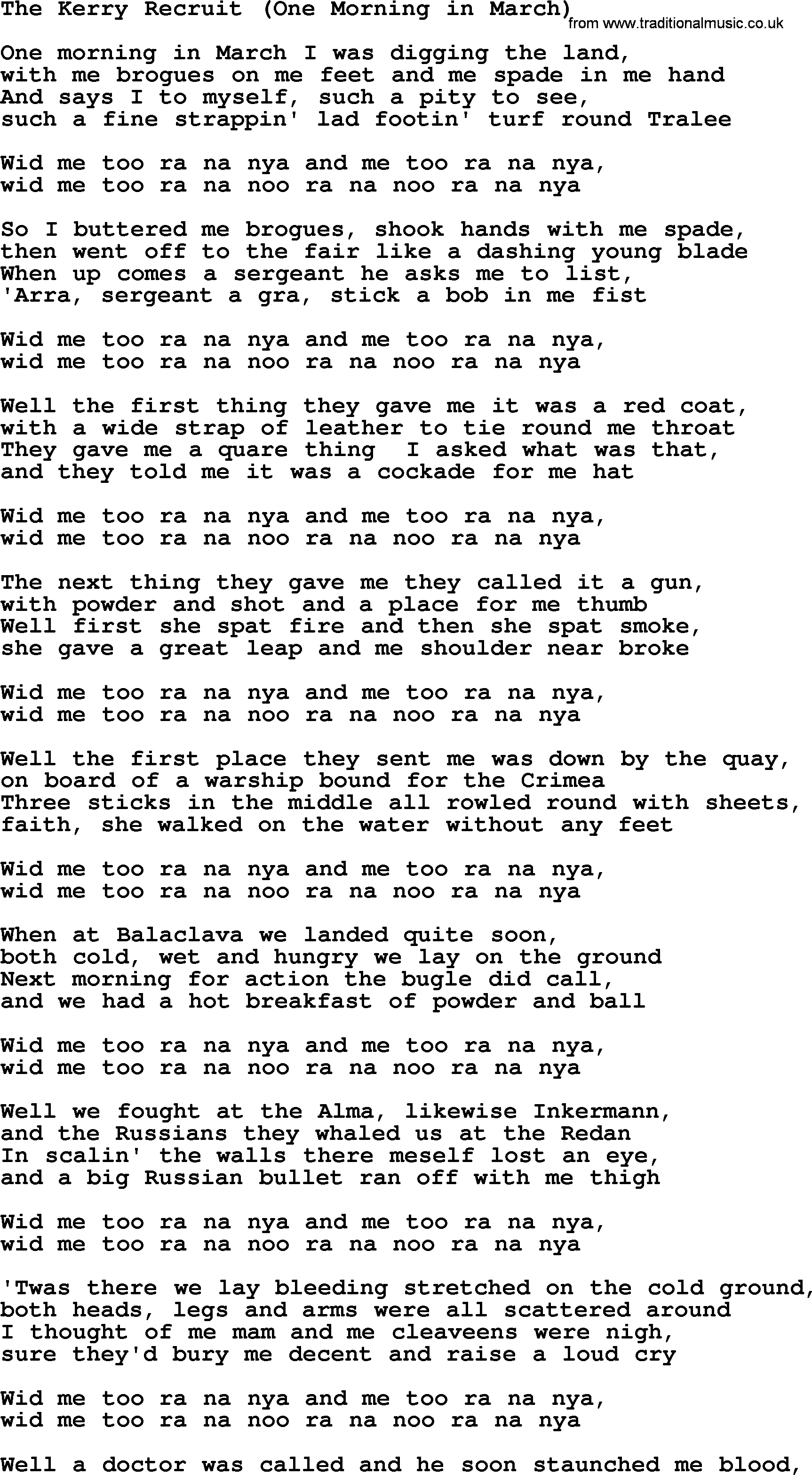 The Dubliners song: The Kerry Recruit (one Morning In March), lyrics