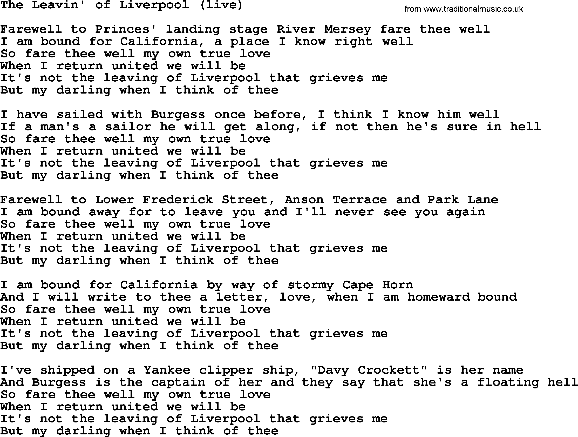 The Dubliners song: The Leavin' Of Liverpool (live), lyrics