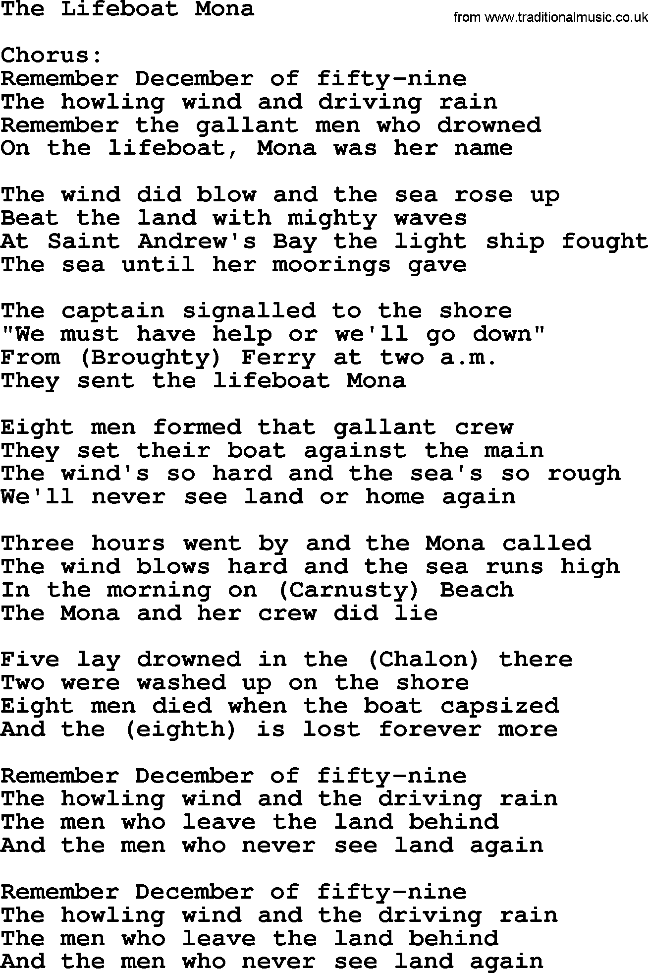 The Dubliners song: The Lifeboat Mona, lyrics