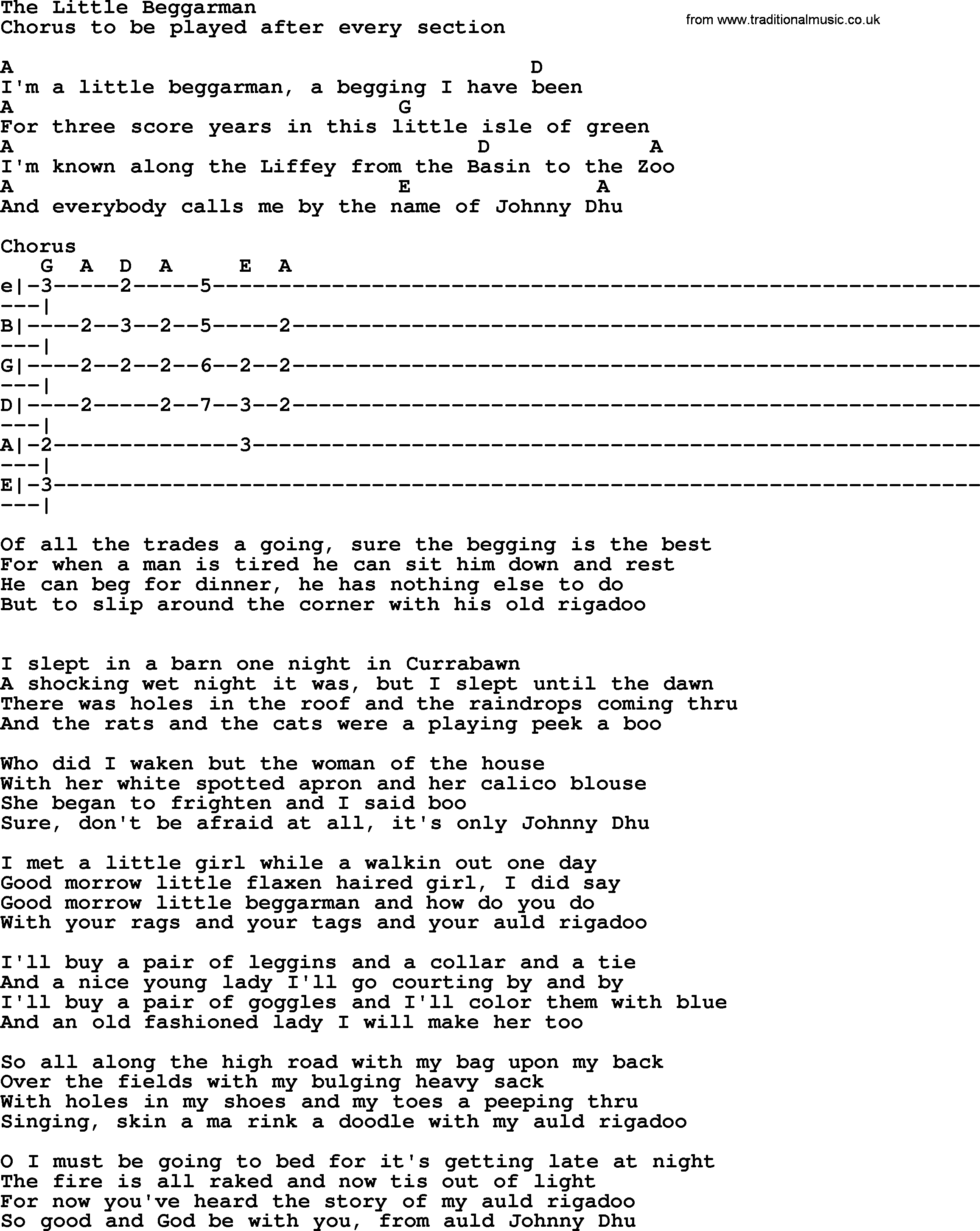 The Dubliners song: The Little Beggarman, lyrics and chords