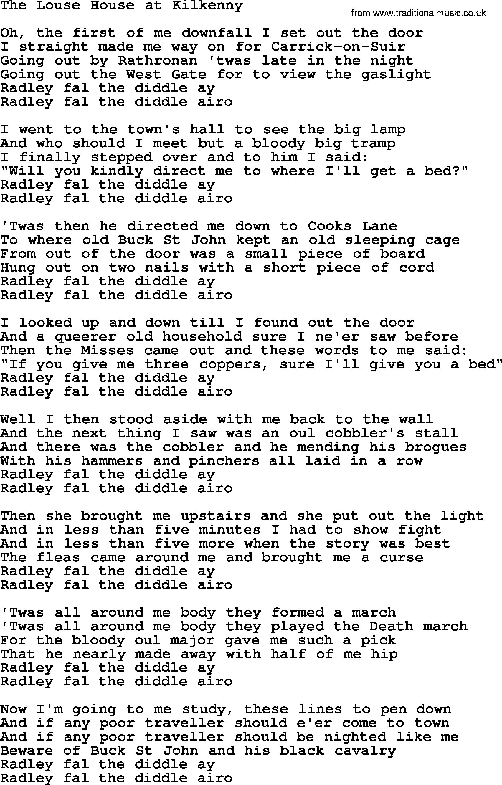 The Dubliners song: The Louse House At Kilkenny, lyrics